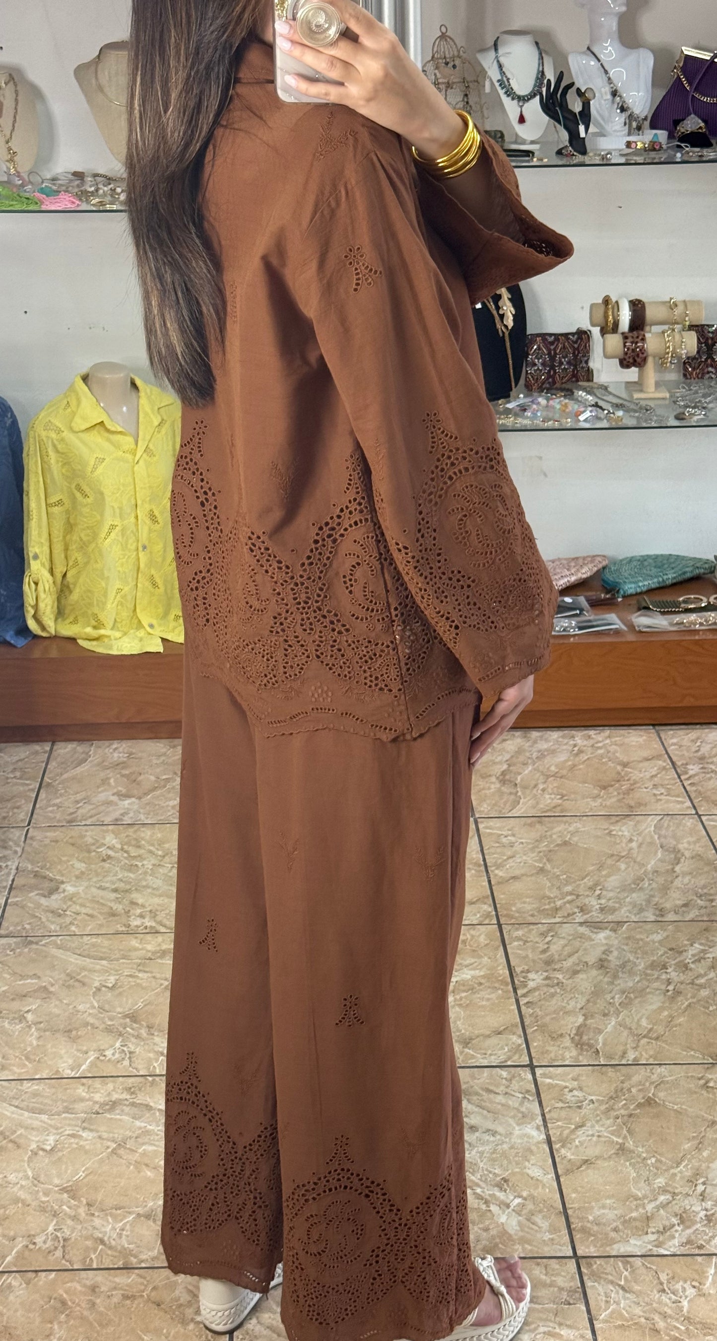 Chocolate Embroidered OS Pant Set (NO RETURNS OR EXCHANGE)