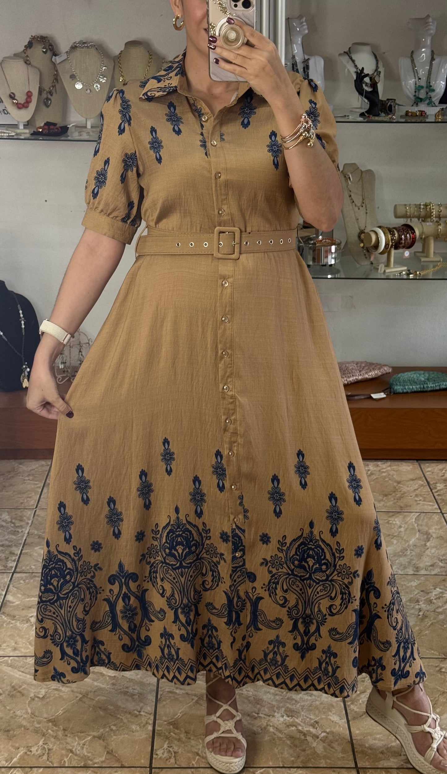 Khaki/Blue Maxi Floral Button Down Dress (Reg and Plus)