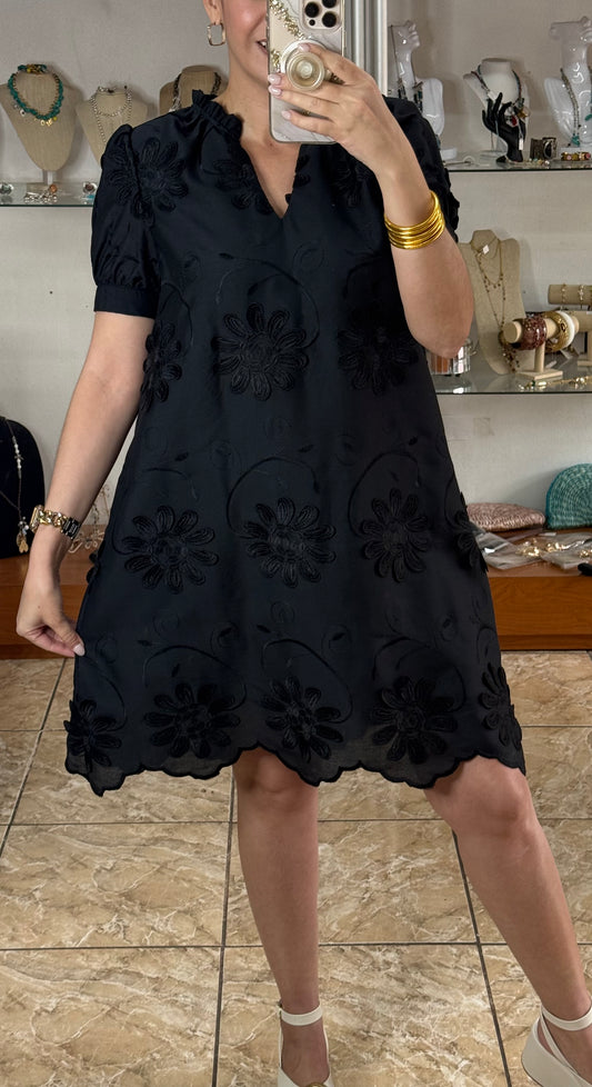 Black Floral Appliqué Embroidered Dress