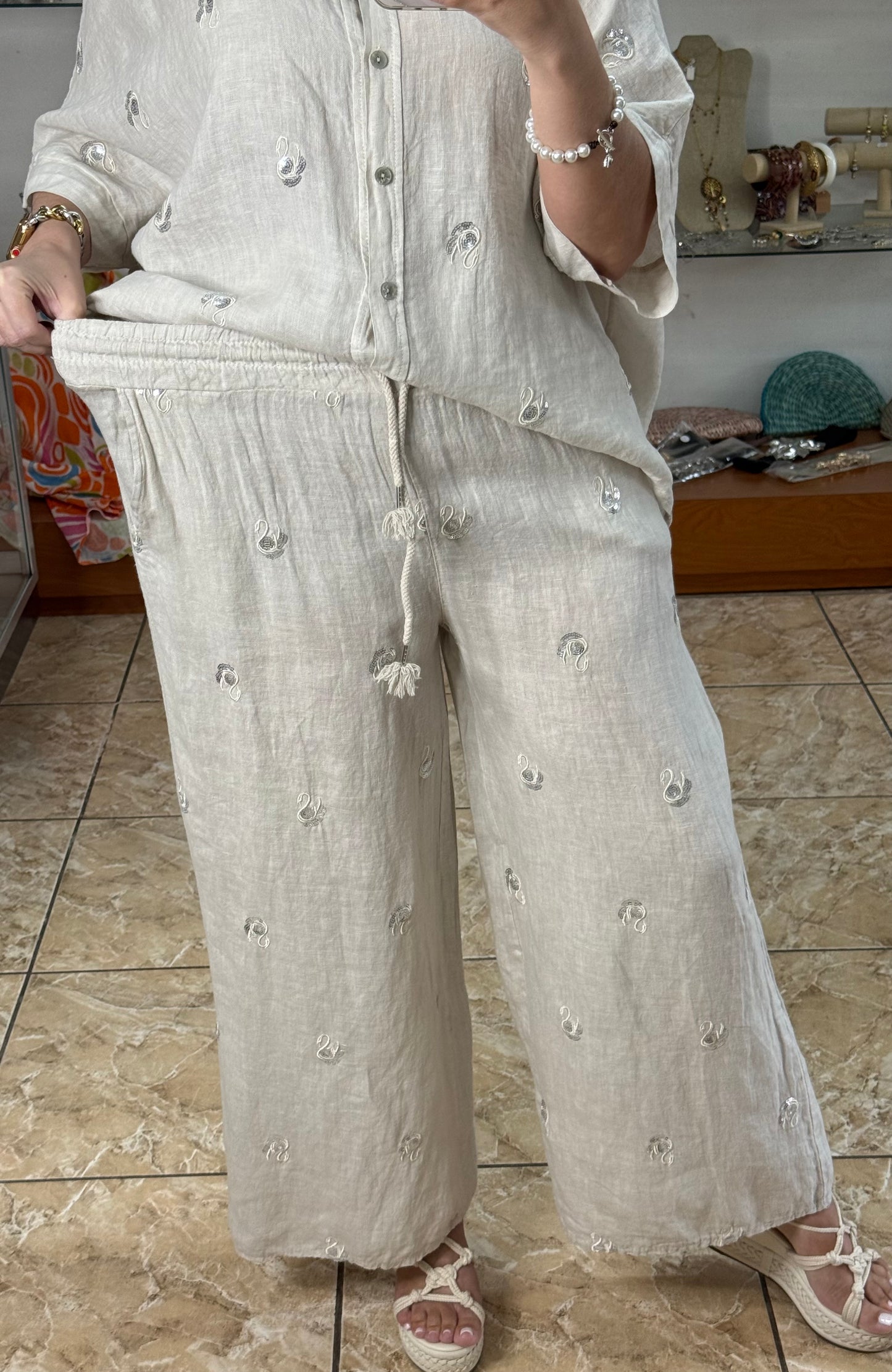 Swans Sequins OS Linen Pant Set (NO RETURNS OR EXCHANGE)