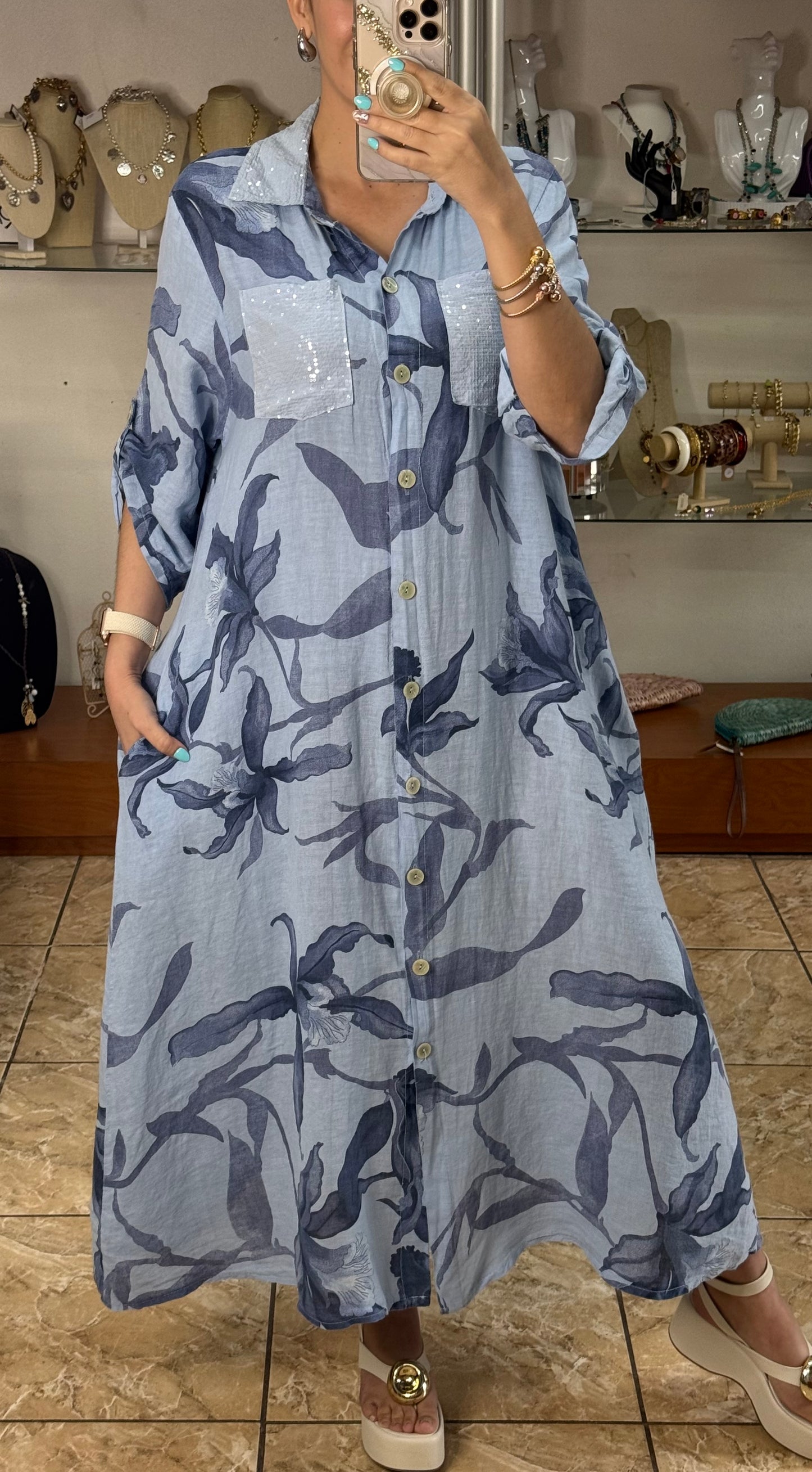 Blue Linen OS Button Down Maxi Dress (FINAL SALE)