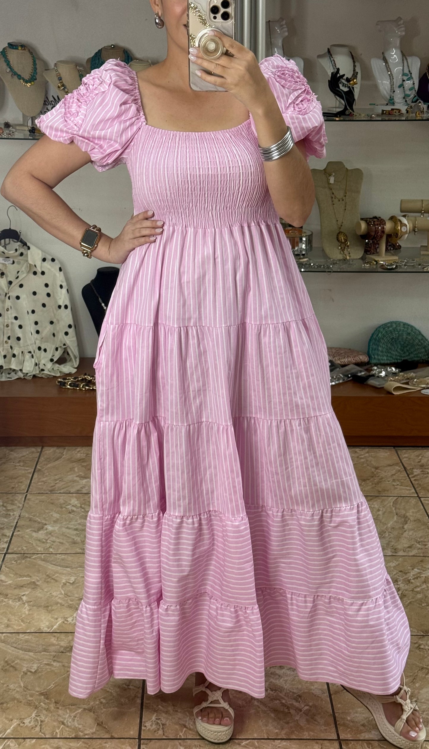 Puff Sleeves Striped OS Maxi Dress (NO RETURNS OR EXCHANGE)