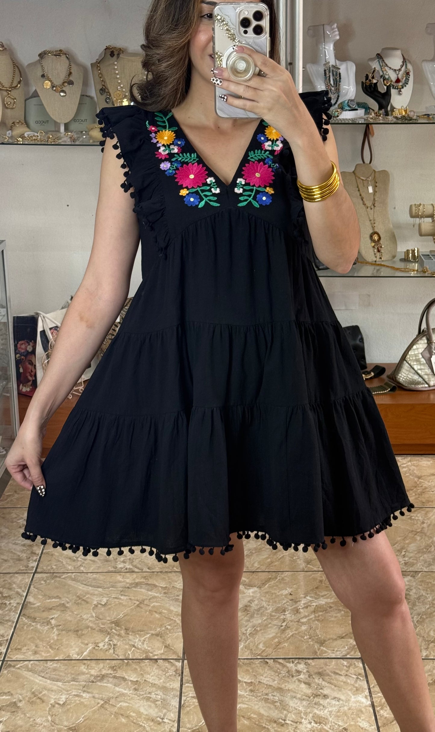 Black Floral Embroidered Doll Dress