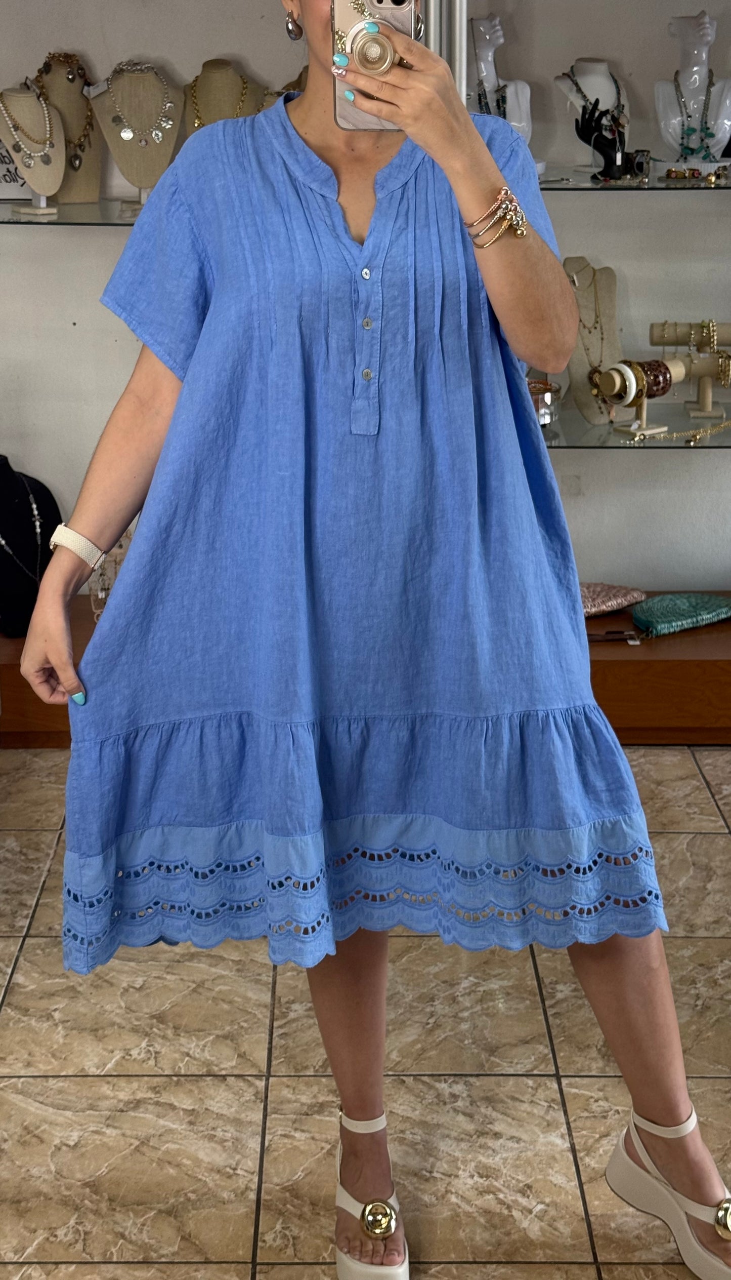 Eyelet Trim OS Linen Midi Dress (FINAL SALE)