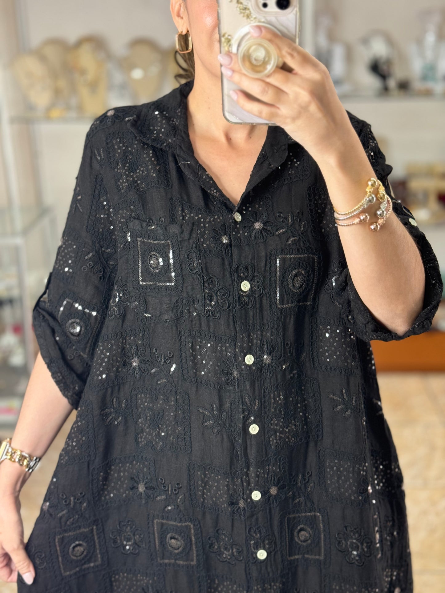 OS Sequins Embroidered Linen Maxi Dress (NO RETURNS OR EXCHANGE)