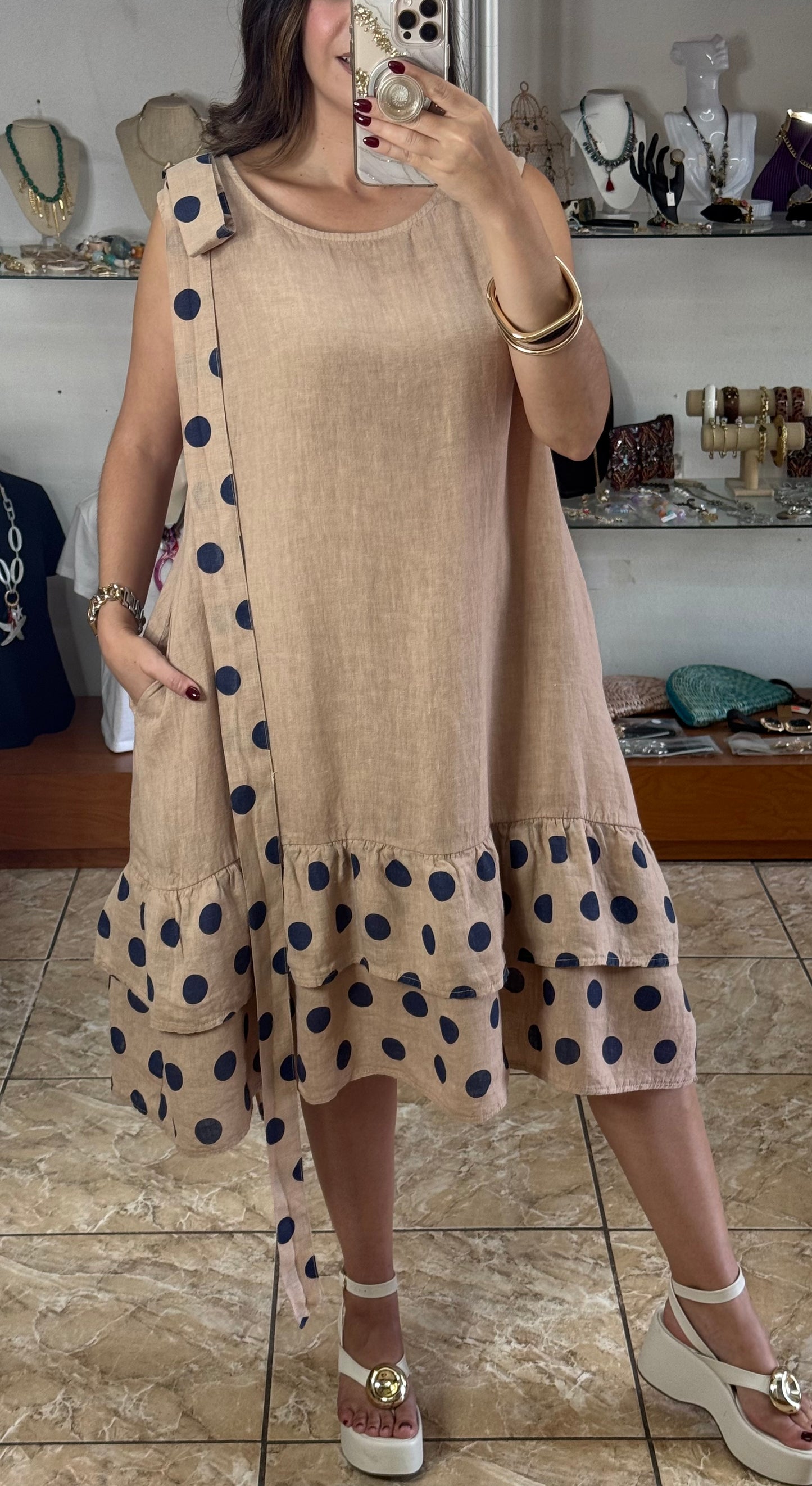 Navy Polkadots OS Linen Short Dress (NO RETURNS OR EXCHANGE)
