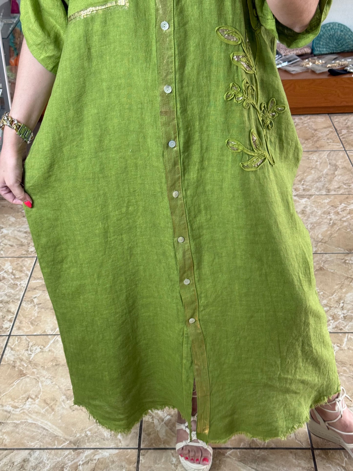 Gold Details Button Down OS Linen Maxi Dress (NO RETURNS OR EXCHANGE)