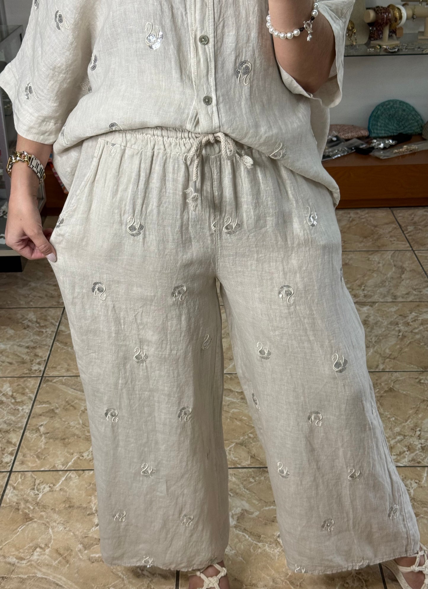 Swans Sequins OS Linen Pant Set (NO RETURNS OR EXCHANGE)