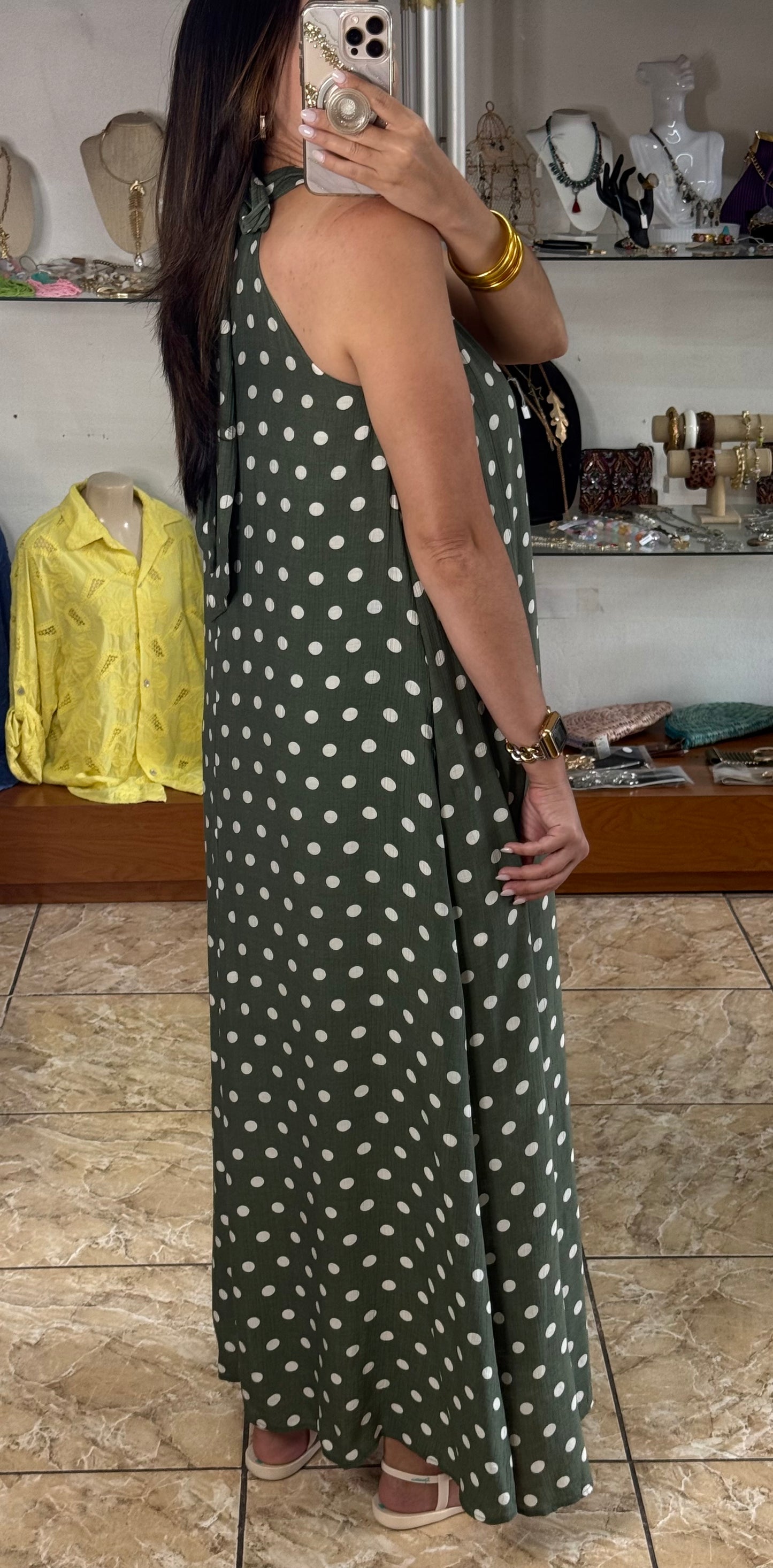 Olive Polkadots Halter Maxi Dress