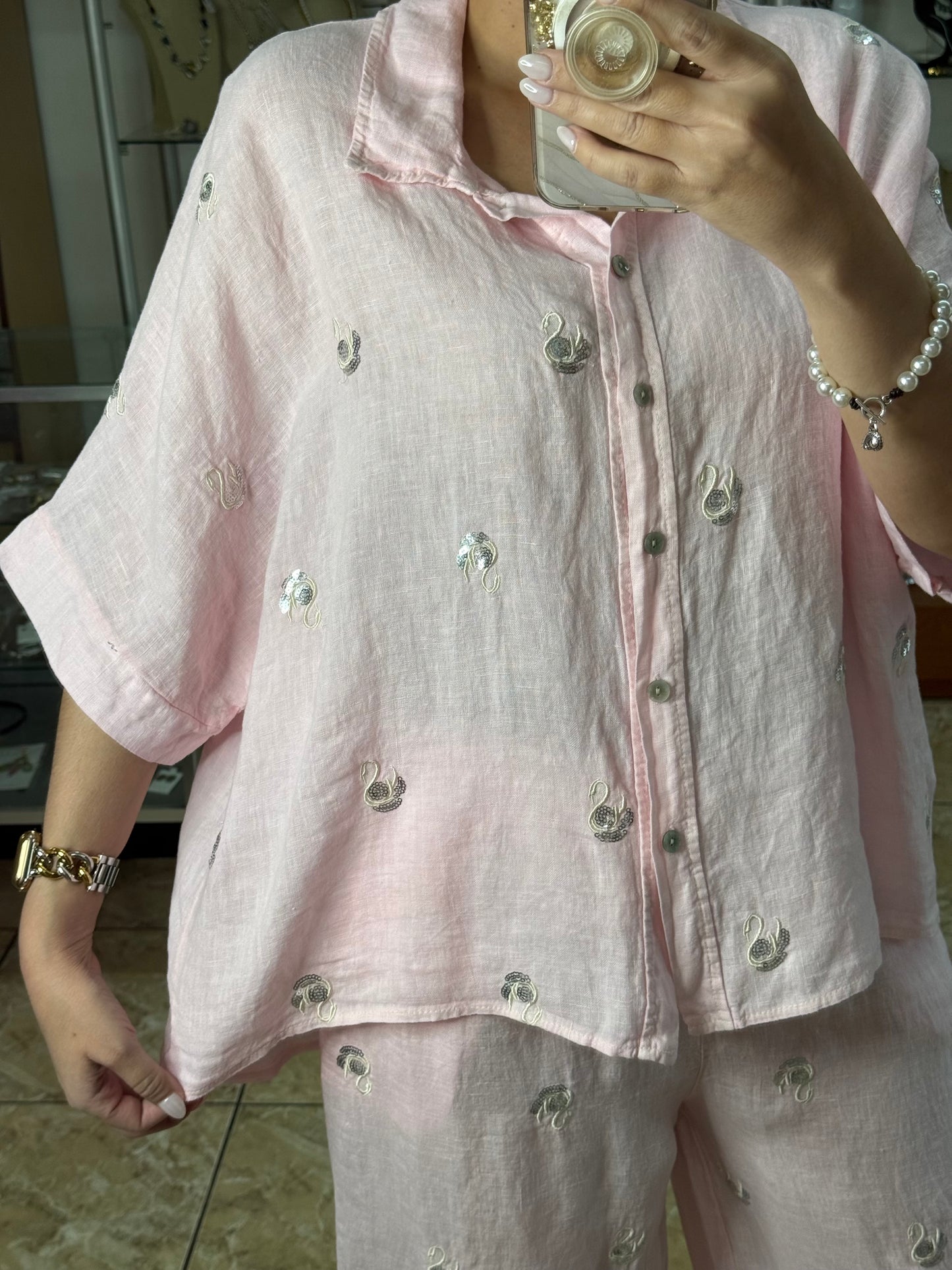 Swans Sequins OS Linen Pant Set (NO RETURNS OR EXCHANGE)
