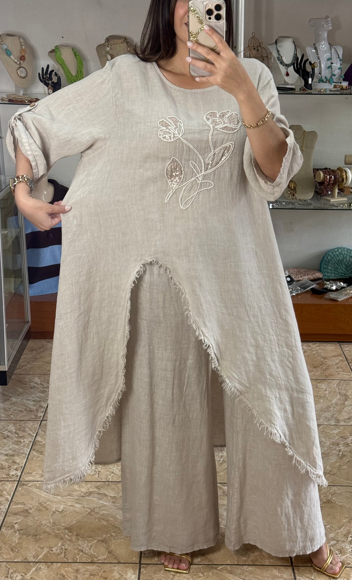 OS Asymmetrical Linen/Sequins Top (NO RETURNS OR EXCHANGE) (PANT SOLD SEPARATELY)