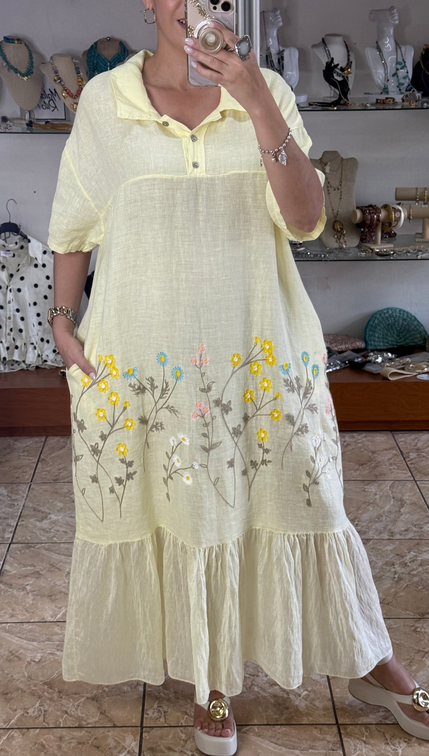 Floral Embroidered OS Linen Dress (NO RETURNS OR EXCHANGE)