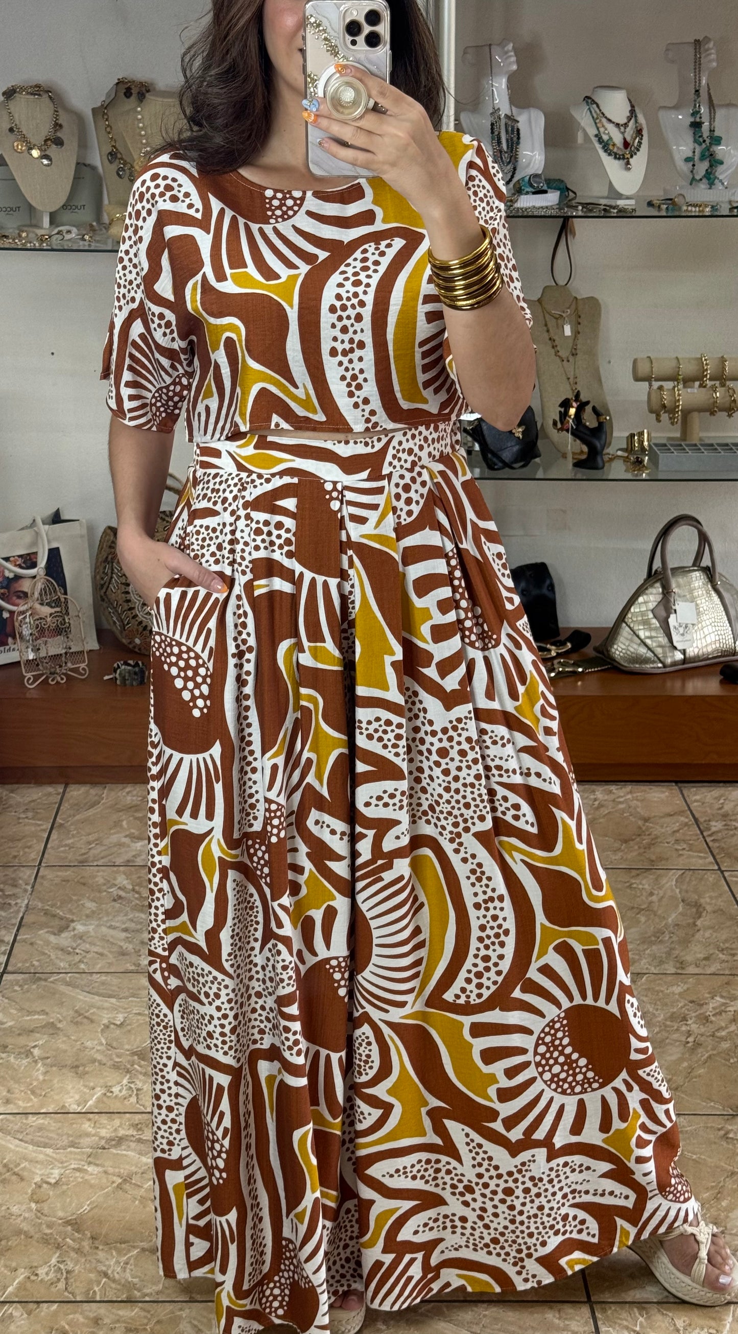 Brown Mix Crop Top and Pant Set