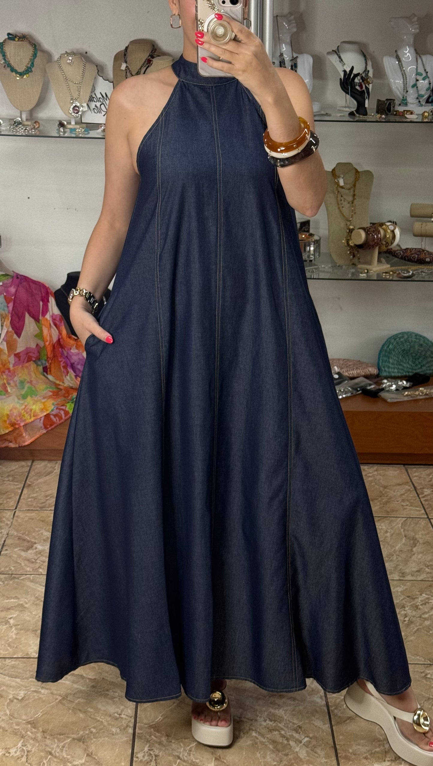Halter Denim Maxi Dress