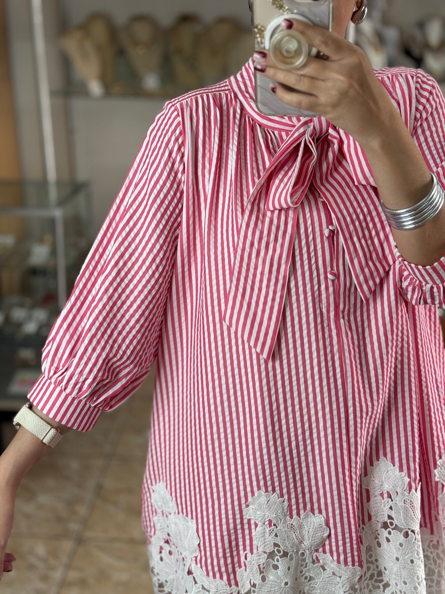 Pink Stripes Lace Trim Doll Dress