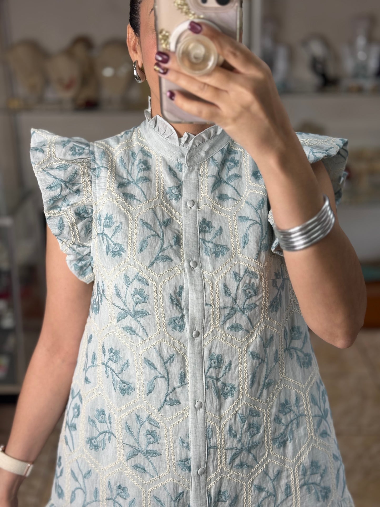 Mint Floral Embroidered Mini Dress