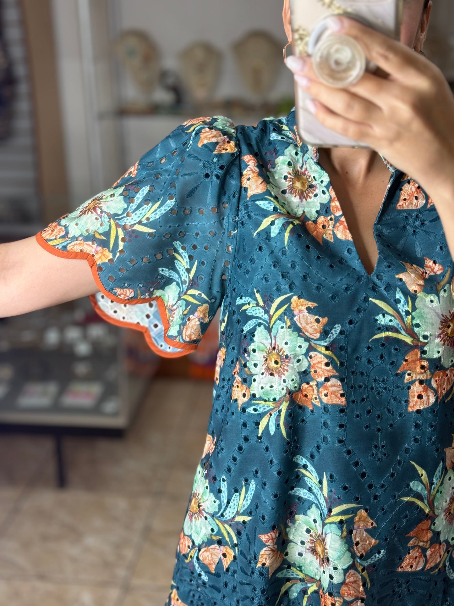 Teal Floral Eyelet Dress
