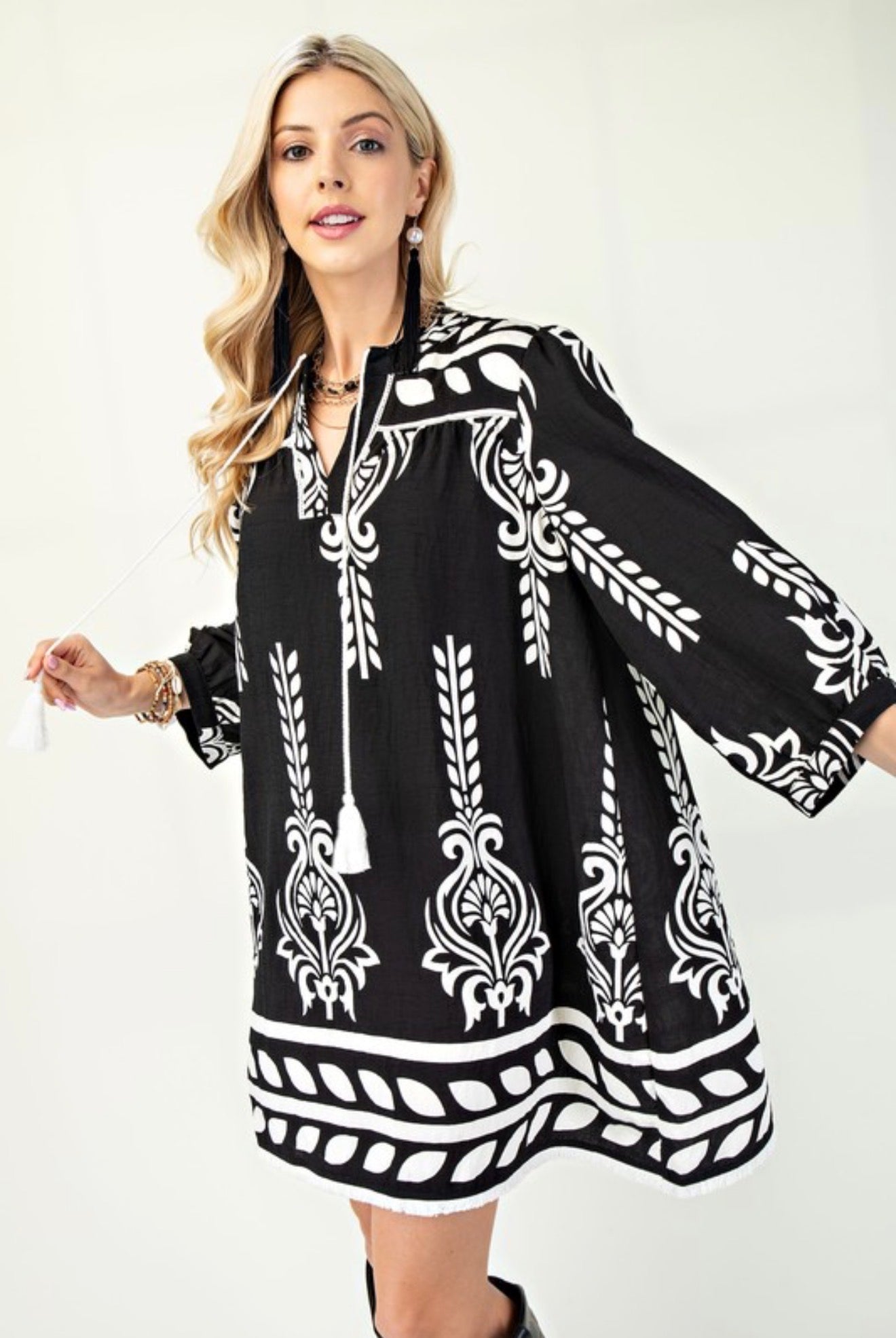 Black Mix Fringe Details Dress (PLUS)