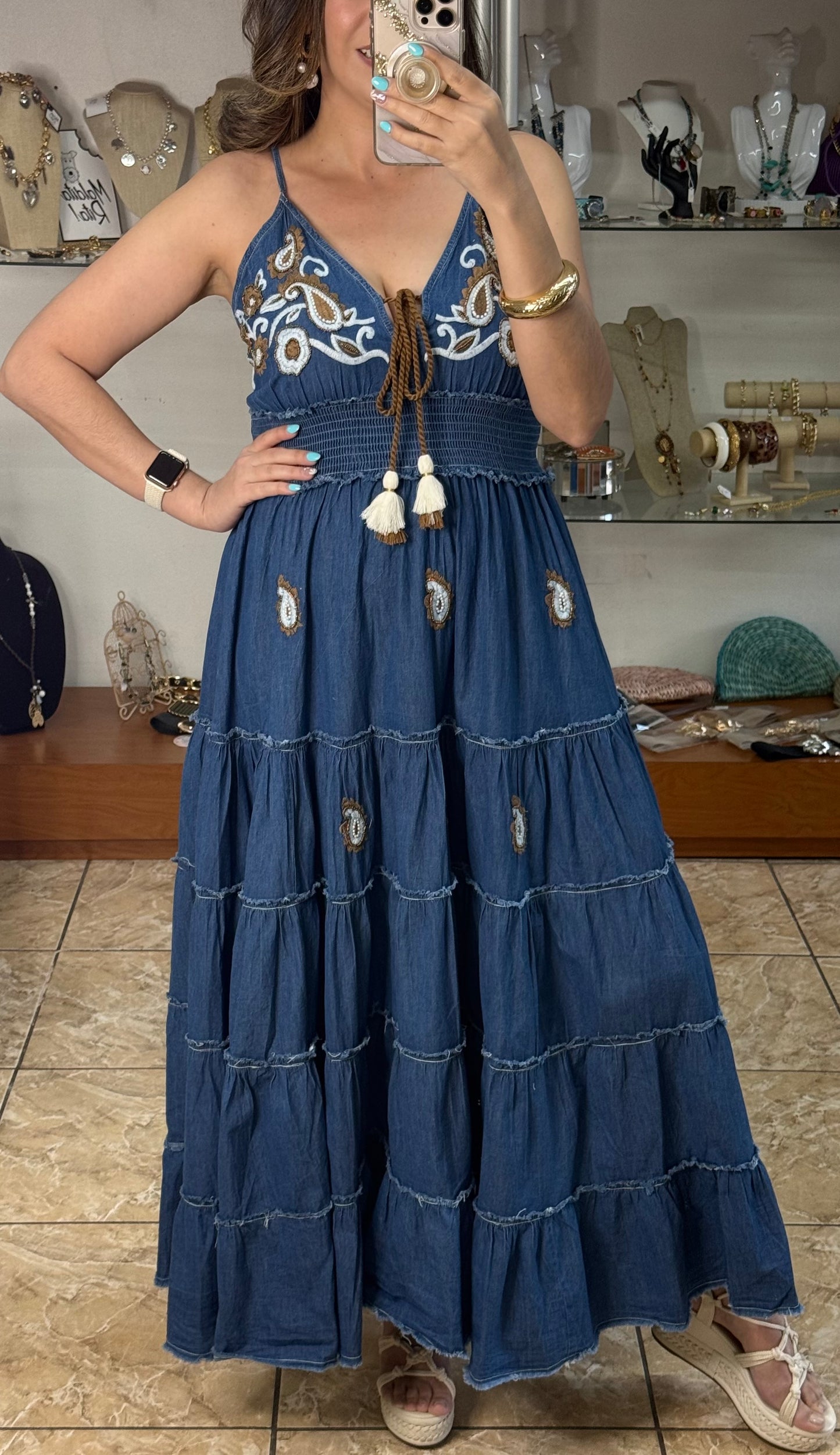 OS Embroidered Denim Maxi Dress (NO RETURNS OR EXCHANGE)