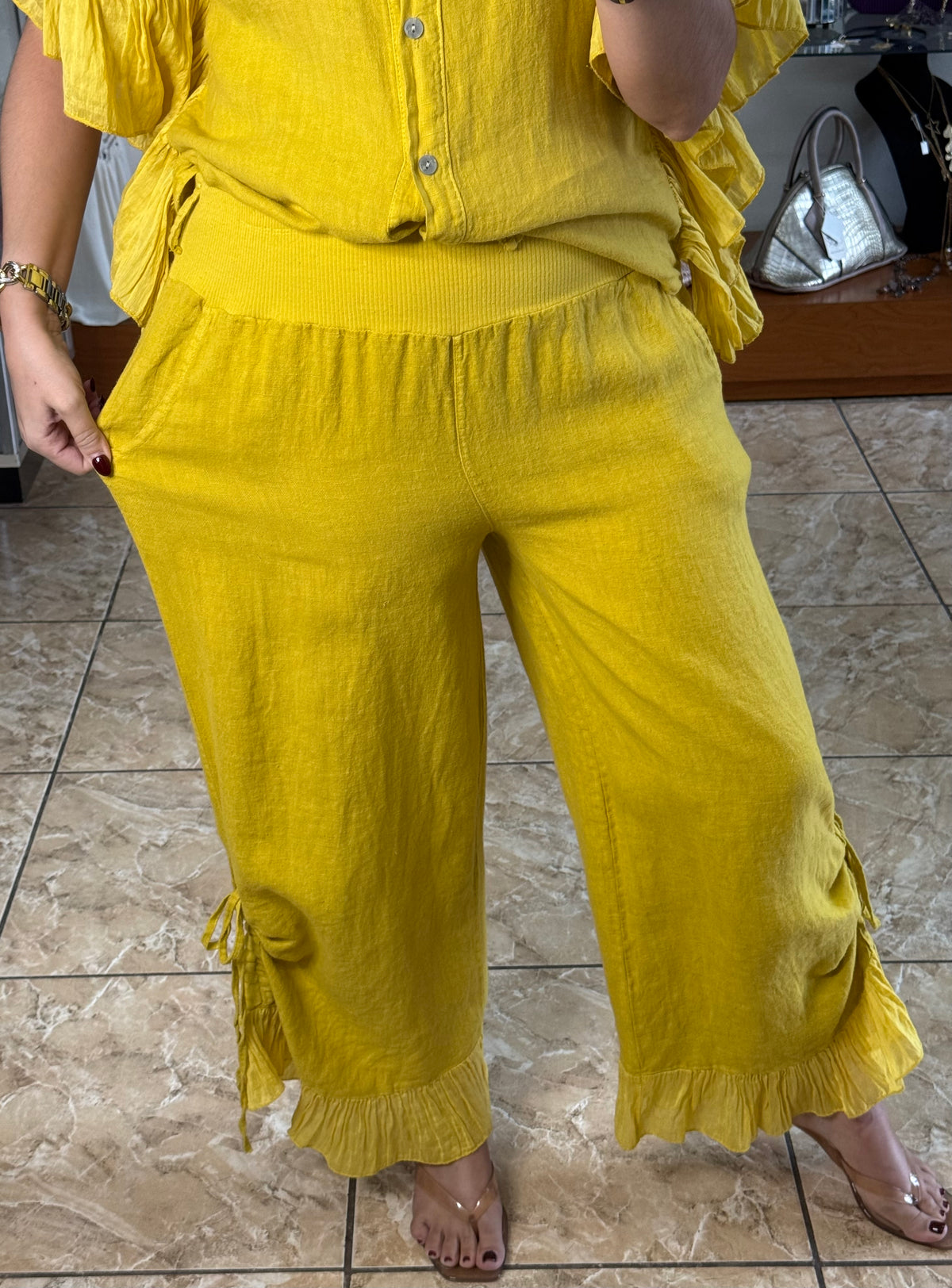 OS Linen Ruffle Top & Pant Set (NO RETURNS OR EXCHANGE)