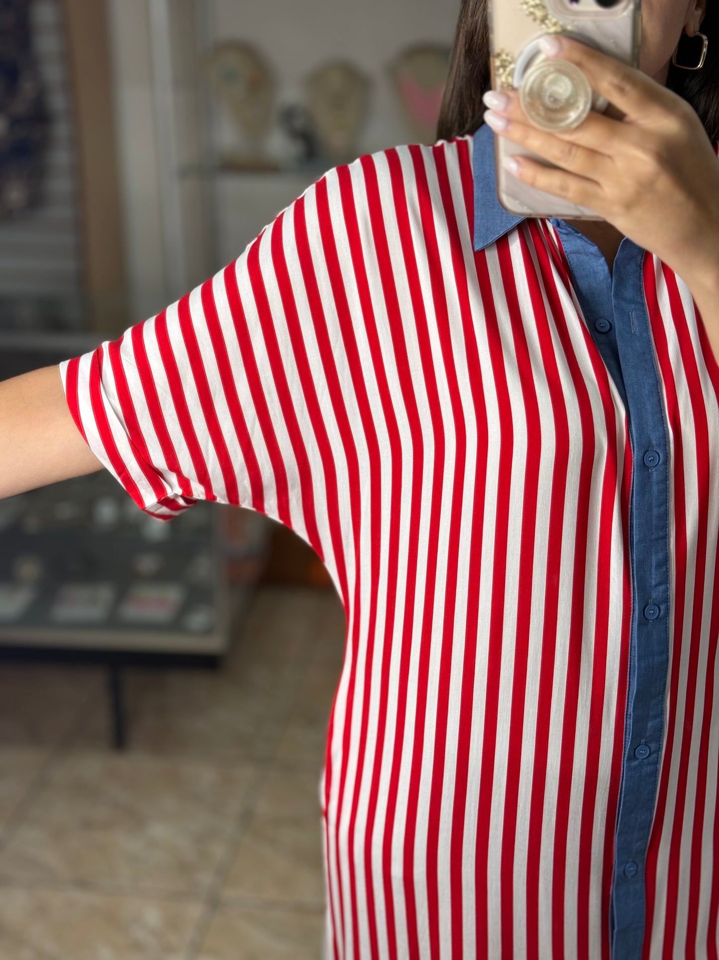 Red Stripes Button Down Maxi Dress