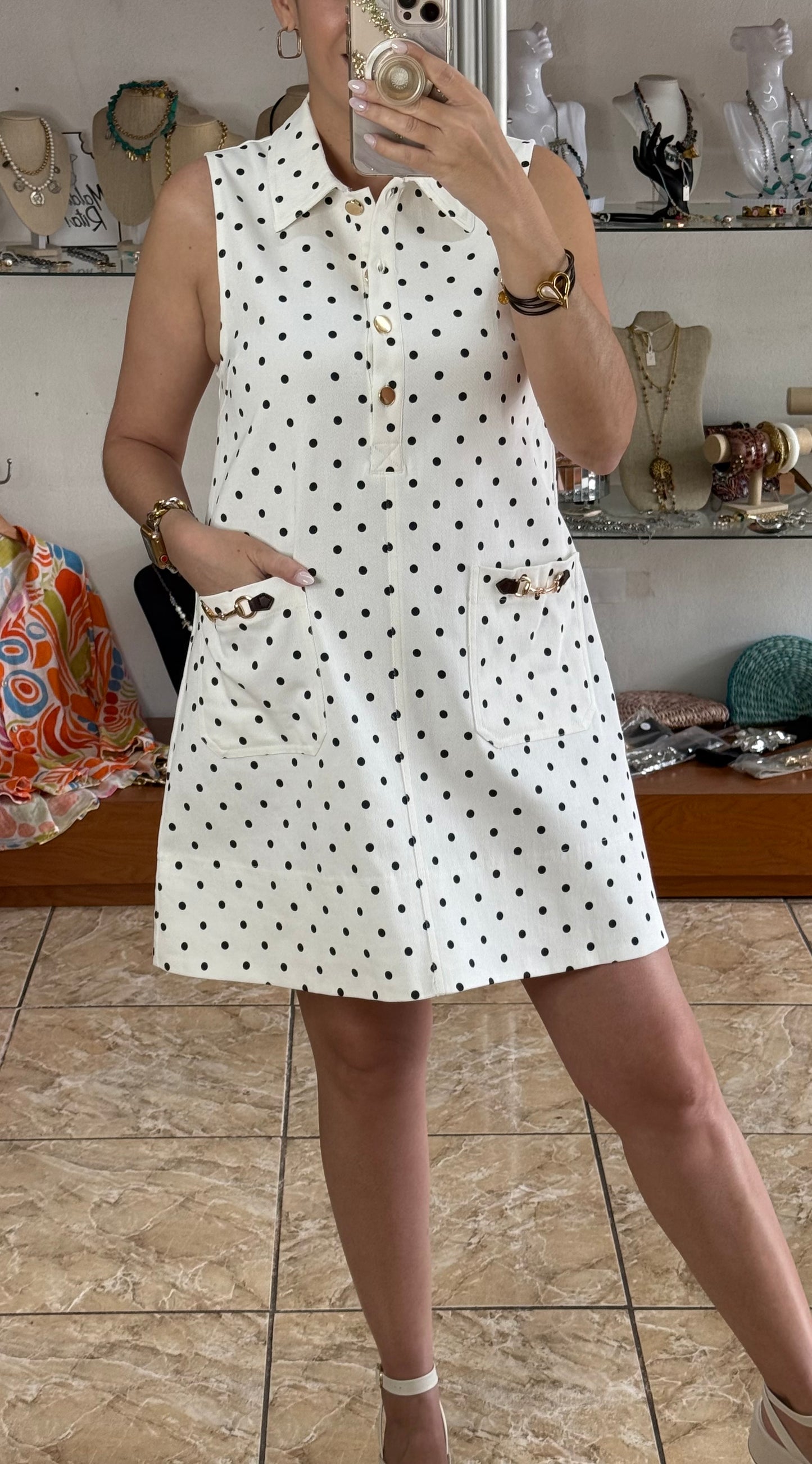 Polkadots Gold Buttons Mini Dress (NO RETURNS OR EXCHANGE)