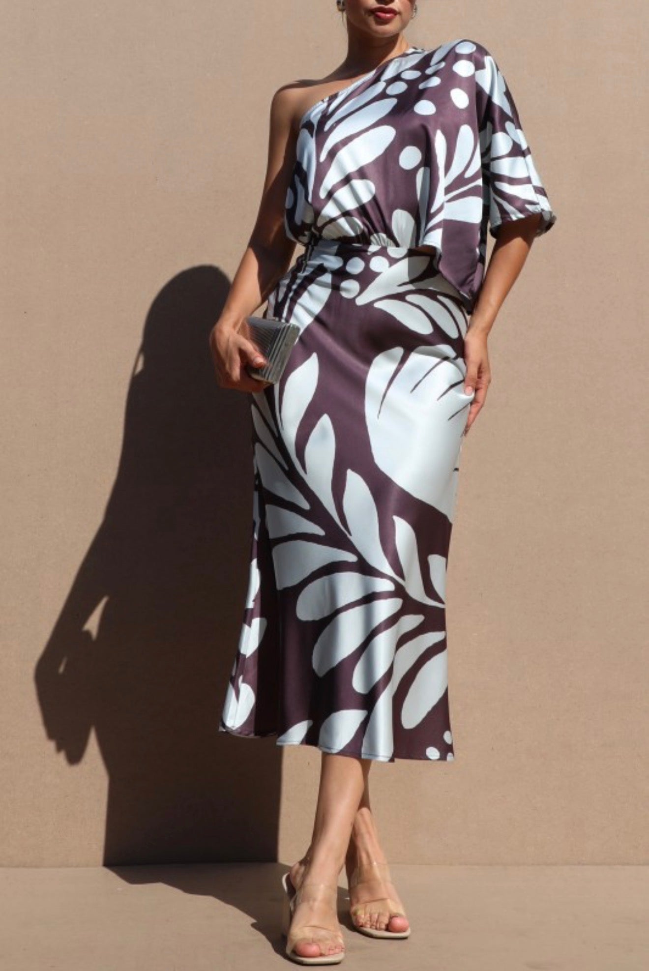One Shoulder Satin Midi Dress