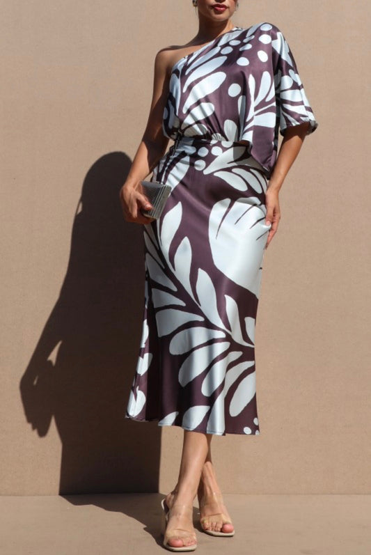 One Shoulder Satin Midi Dress