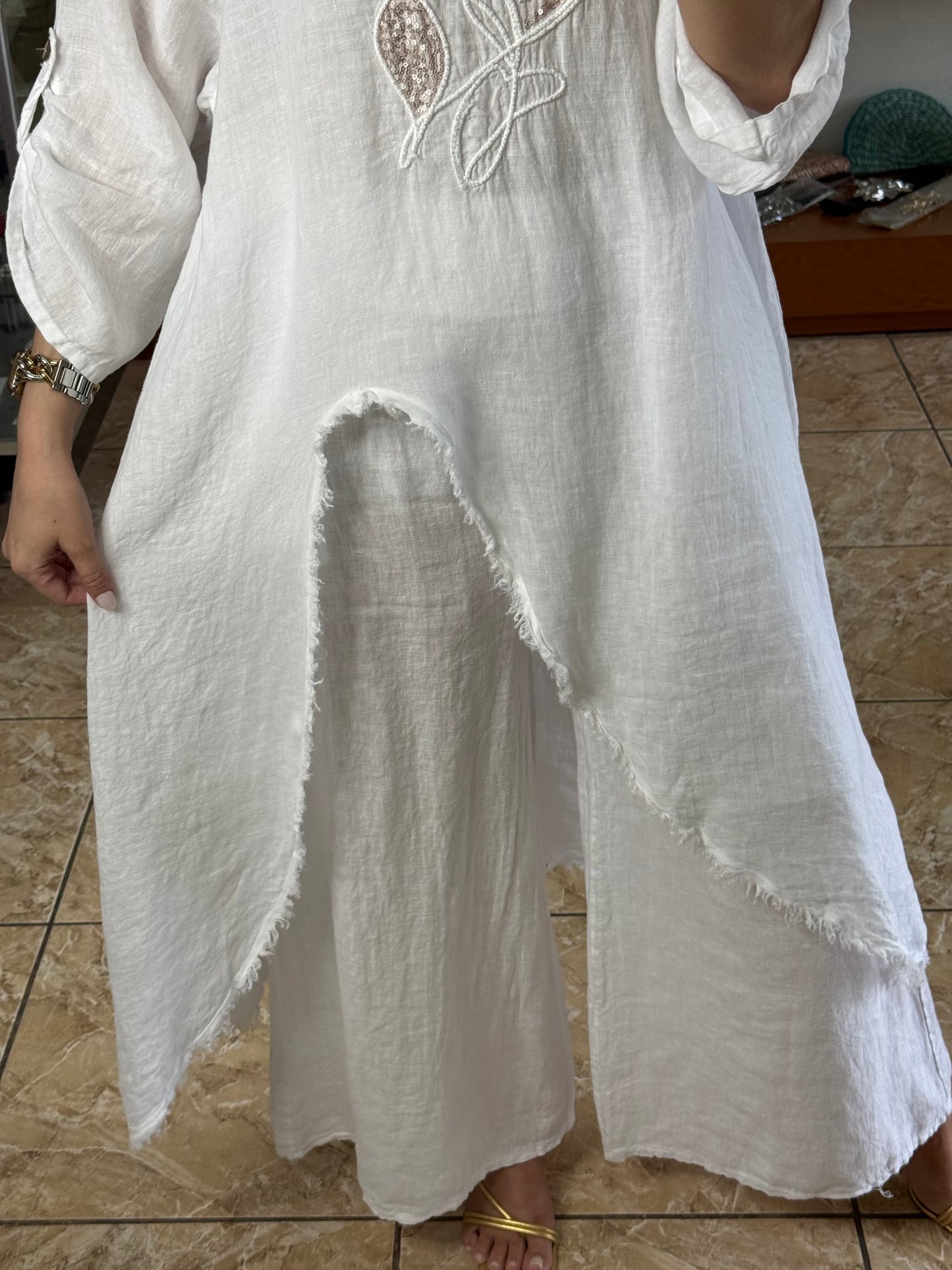 OS Asymmetrical Linen/Sequins Top (NO RETURNS OR EXCHANGE) (PANT SOLD SEPARATELY)