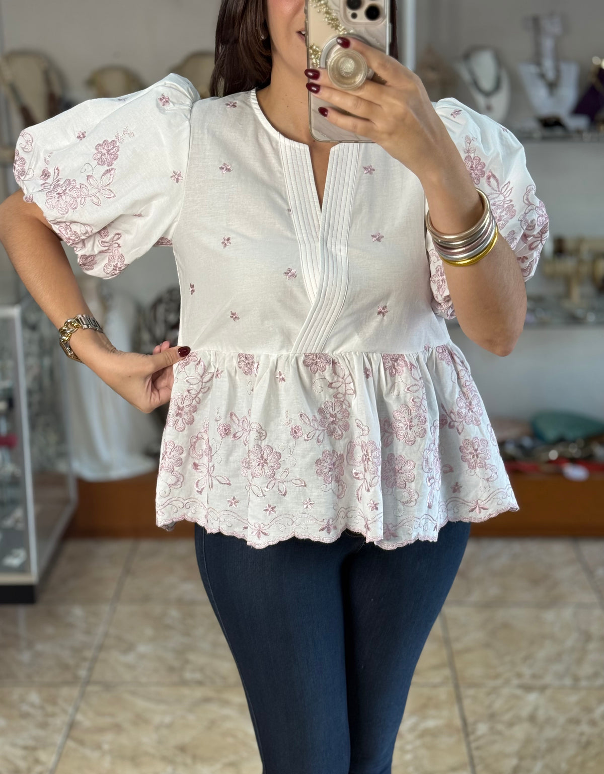 Puff Sleeve Peplum Embroidered Top