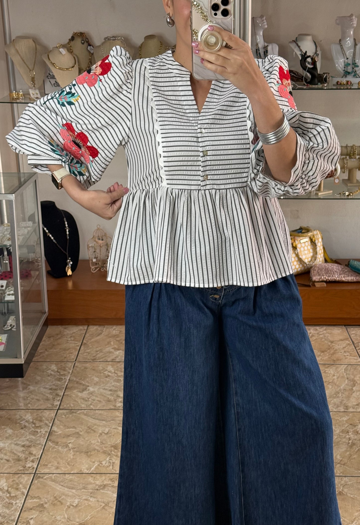 Stripes and Flowers Peplum Top