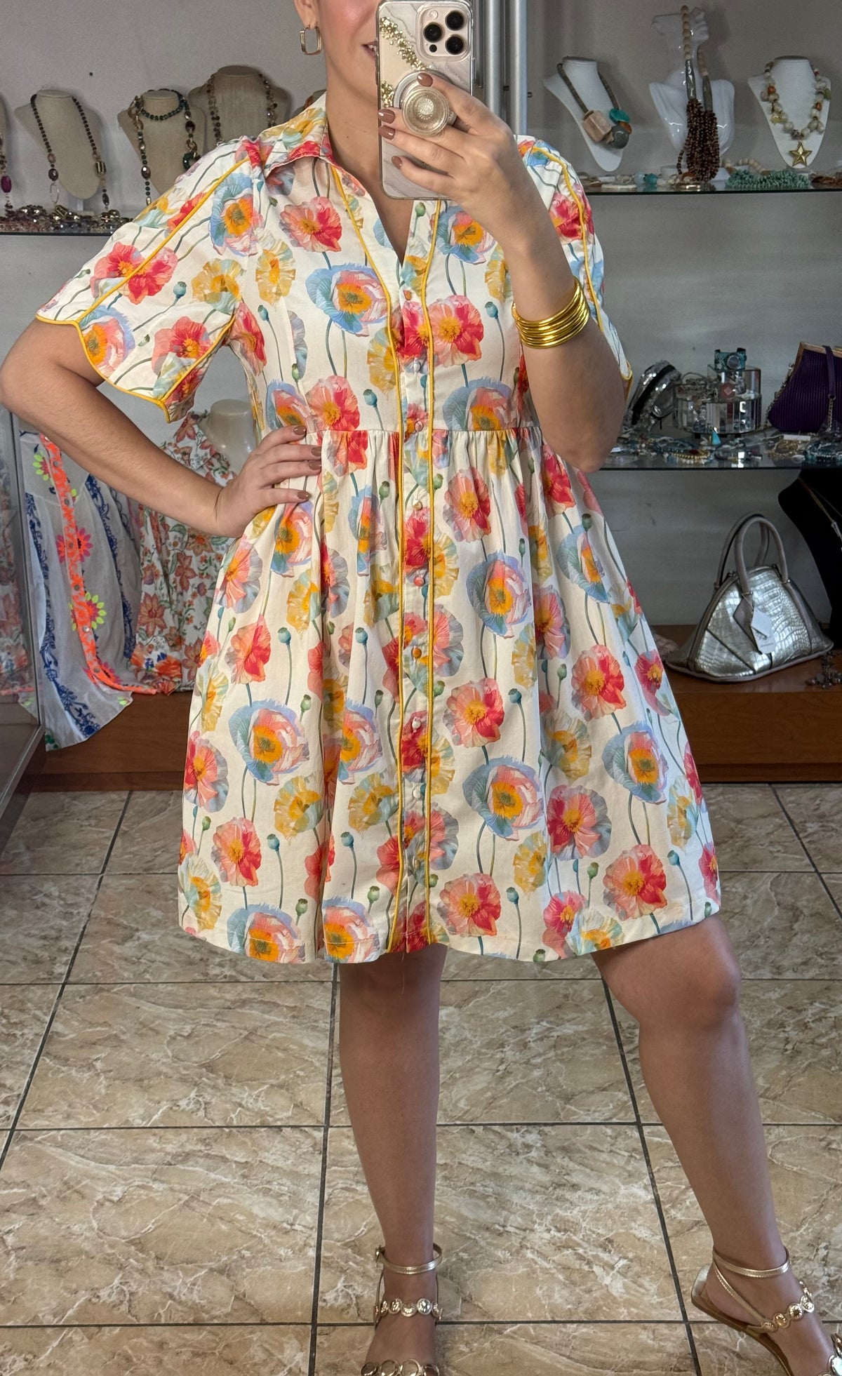 Cream Floral Button Down Babydoll Dress