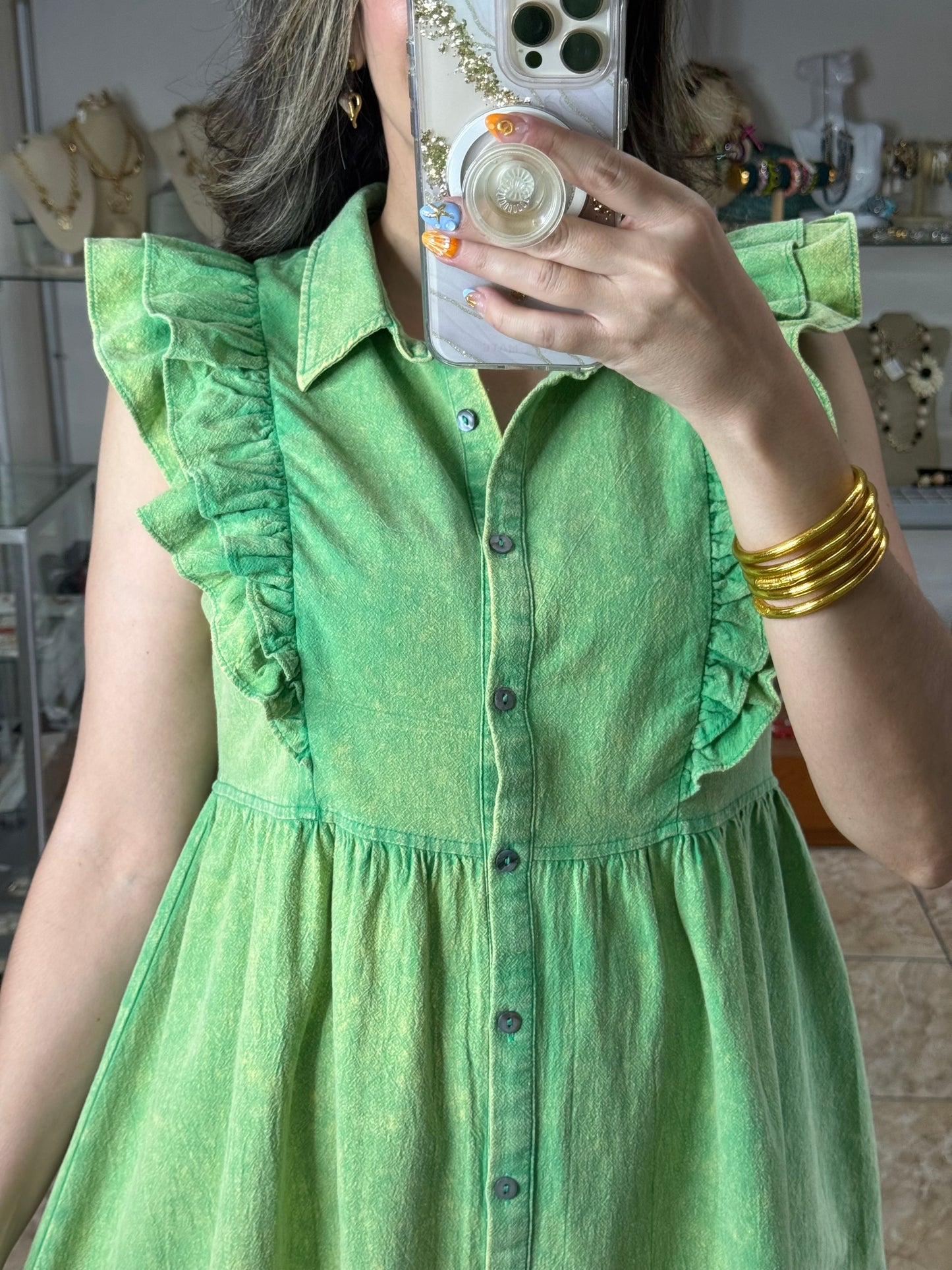 Green Ruffled Button Down Dress