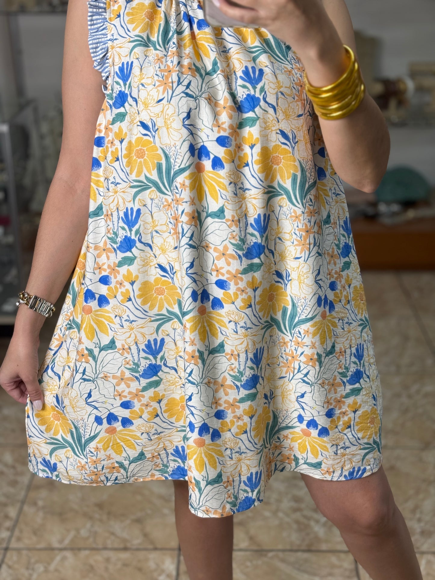 Blue/Yellow Floral Sleeveless Dress