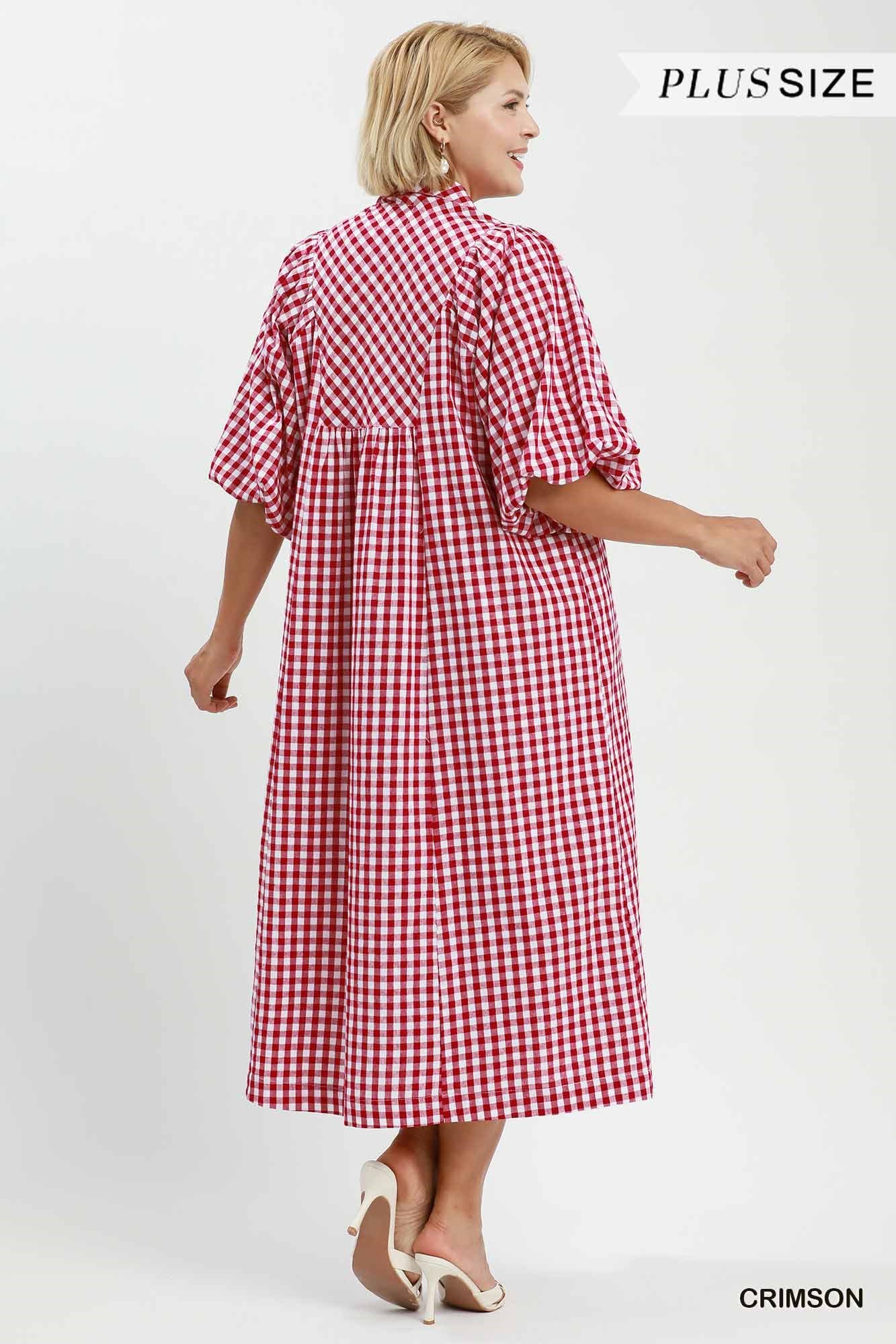 Puff Sleeve Plaid Midi Dress (PLUS)