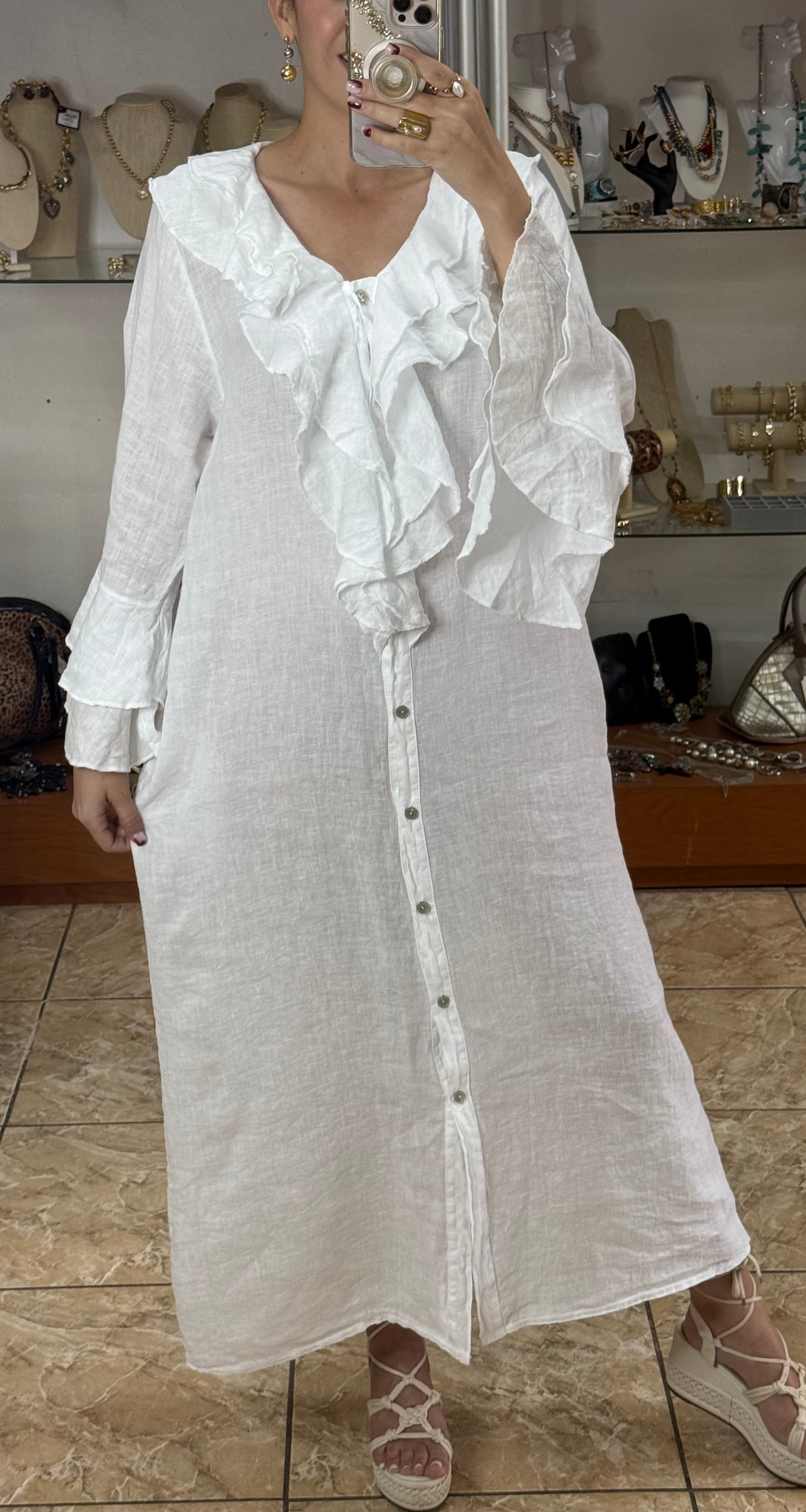 Ruffle Details OS Linen Maxi Dress (FINAL SALE)