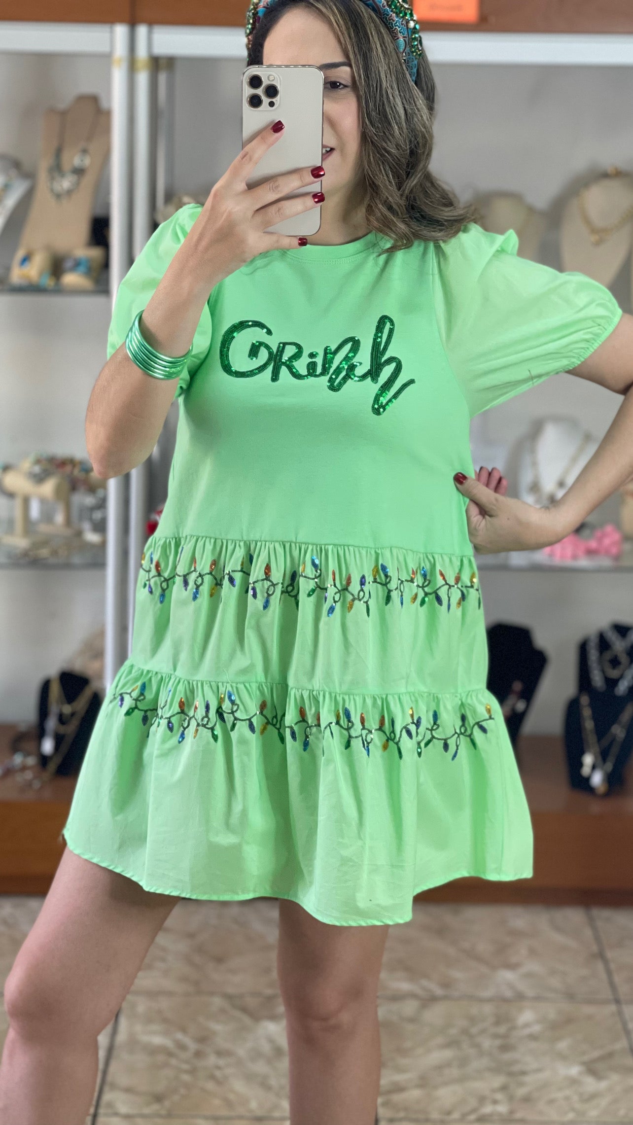 Grinch and Christmas Lights Mini Dress