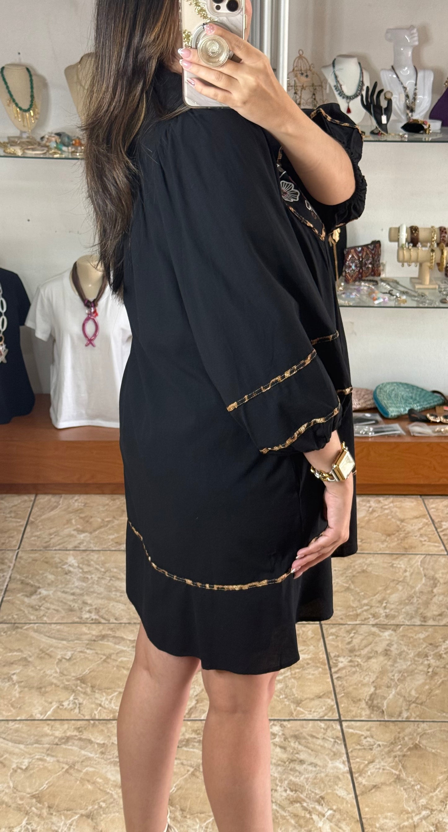 Black/Floral/Leopard Embroidered Dress