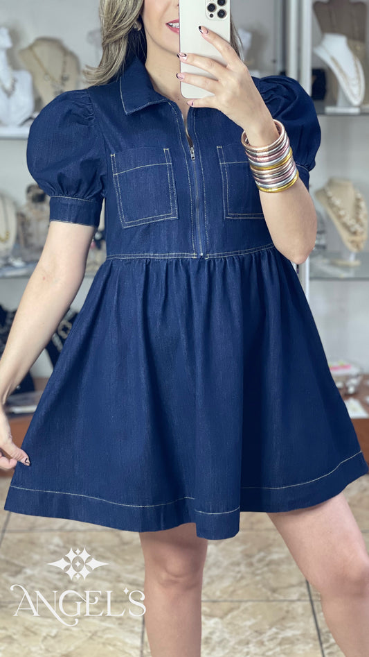 Denim Puff Sleeve Mini Dress