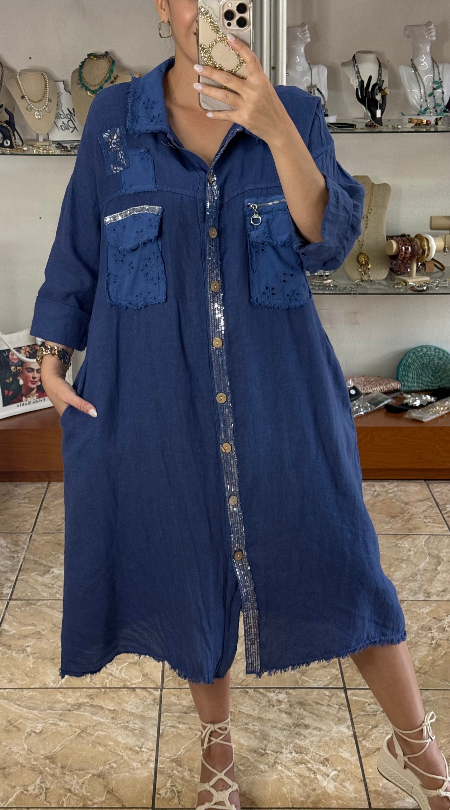 Long Sleeves OS Linen Midi Dress (NO RETURNS OR EXCHANGE)