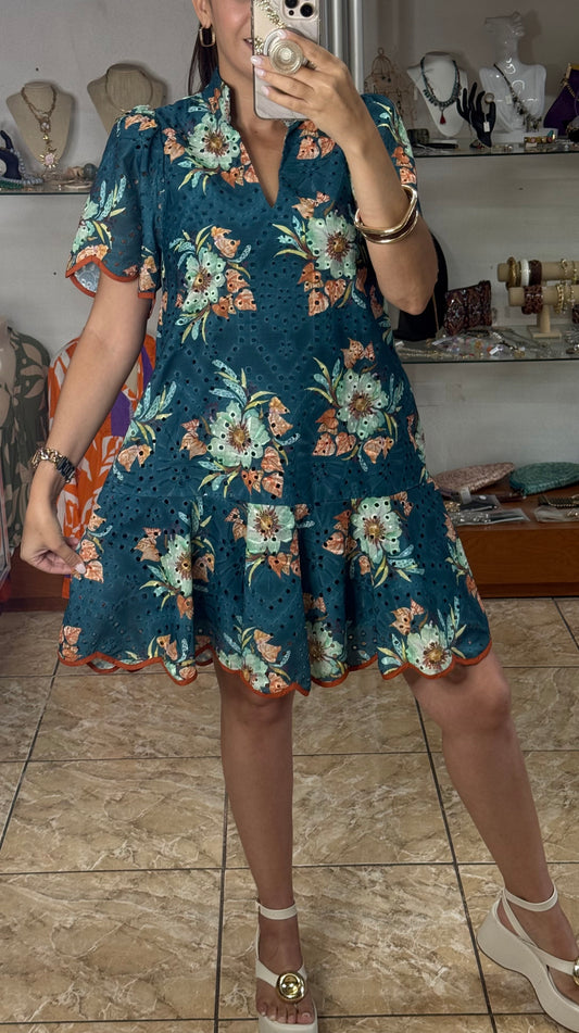 Teal Floral Eyelet Dress