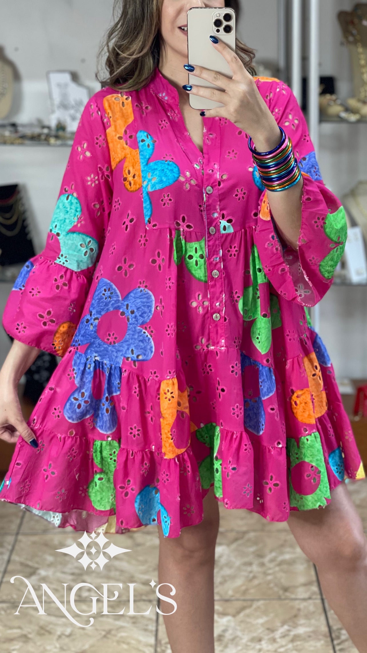 Colorful Floral Eyelet OS Dress