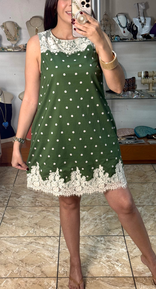 Sleeveless Olive Polkadot with Lace Details Dress