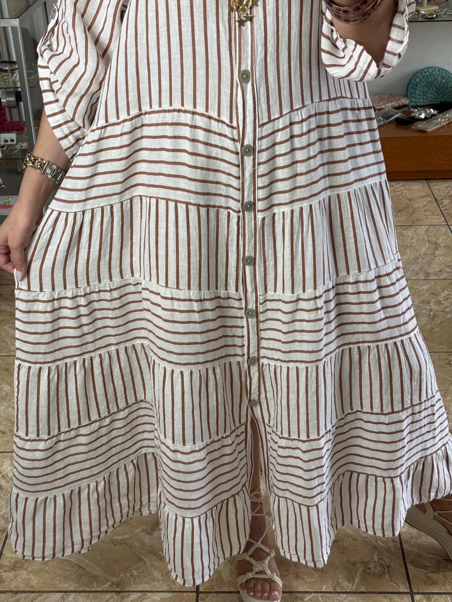 OS Linen Stripes Button Down Maxi Dress (NO RETURNS OR EXCHANGE)