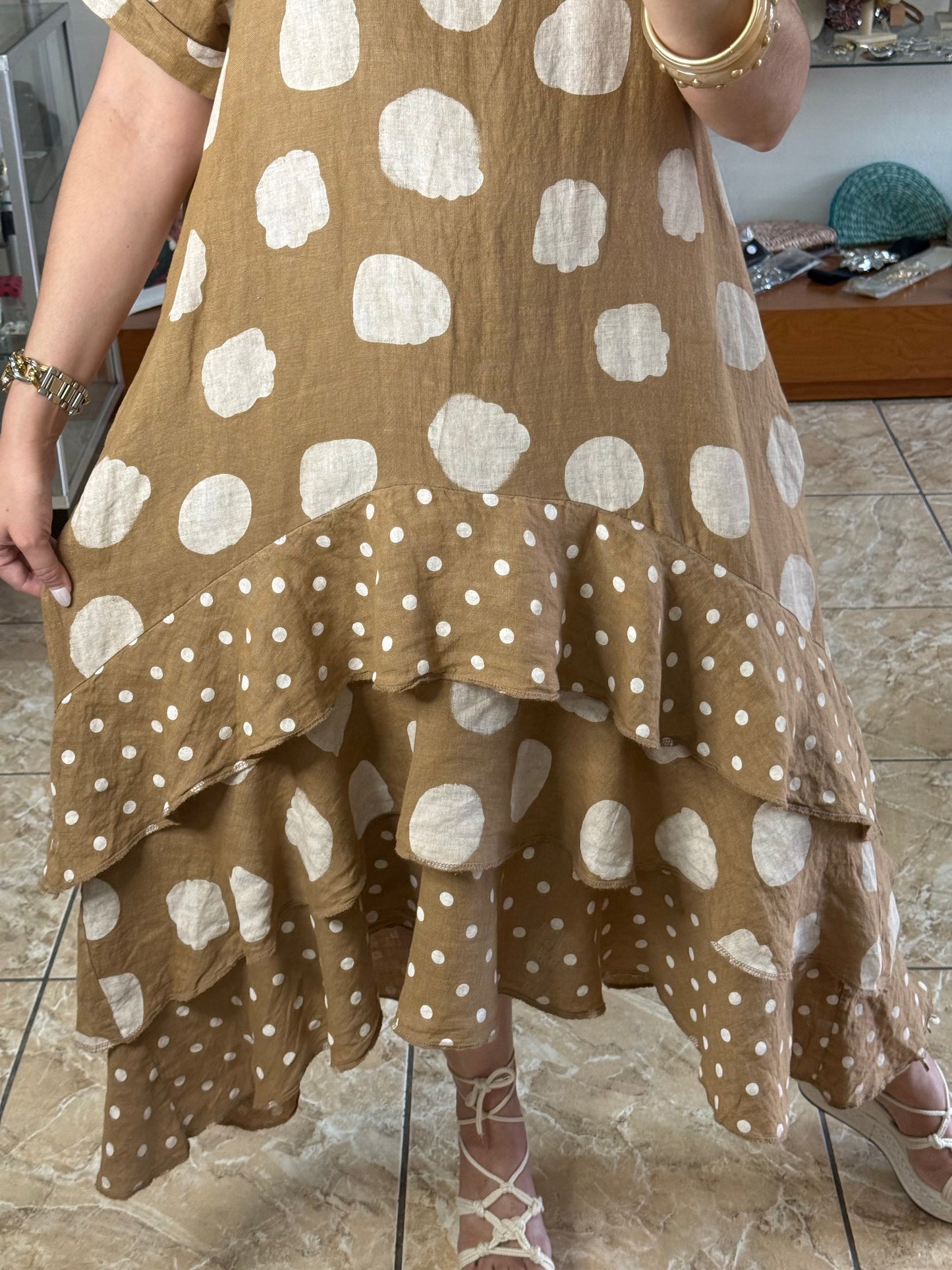 Polka OS Ruffle Tiered Linen Midi Dress (NO RETURNS OR EXCHANGE)