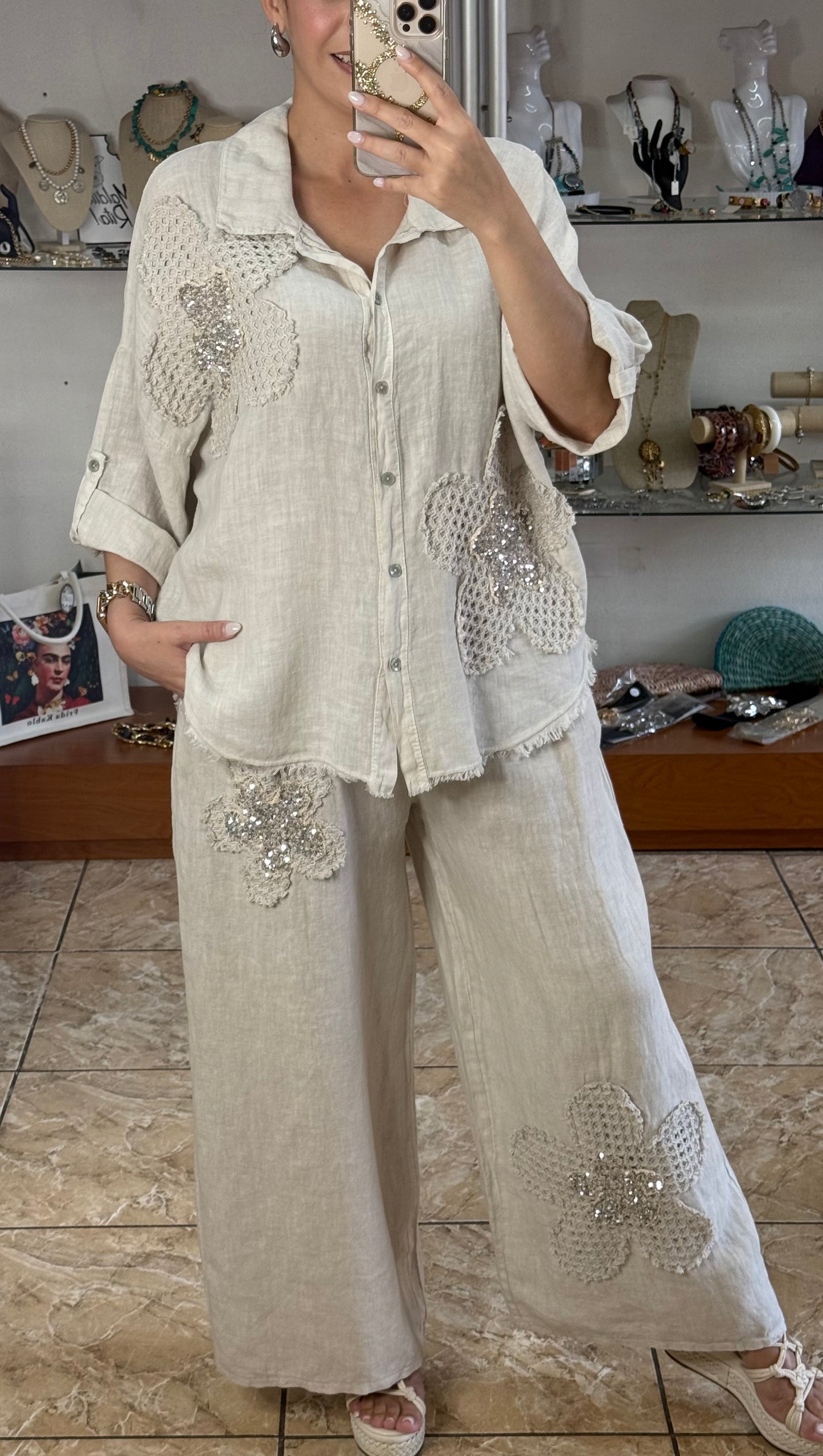 Sequins Flowers OS Top & Pant Set (NO RETURNS OR EXCHANGE)