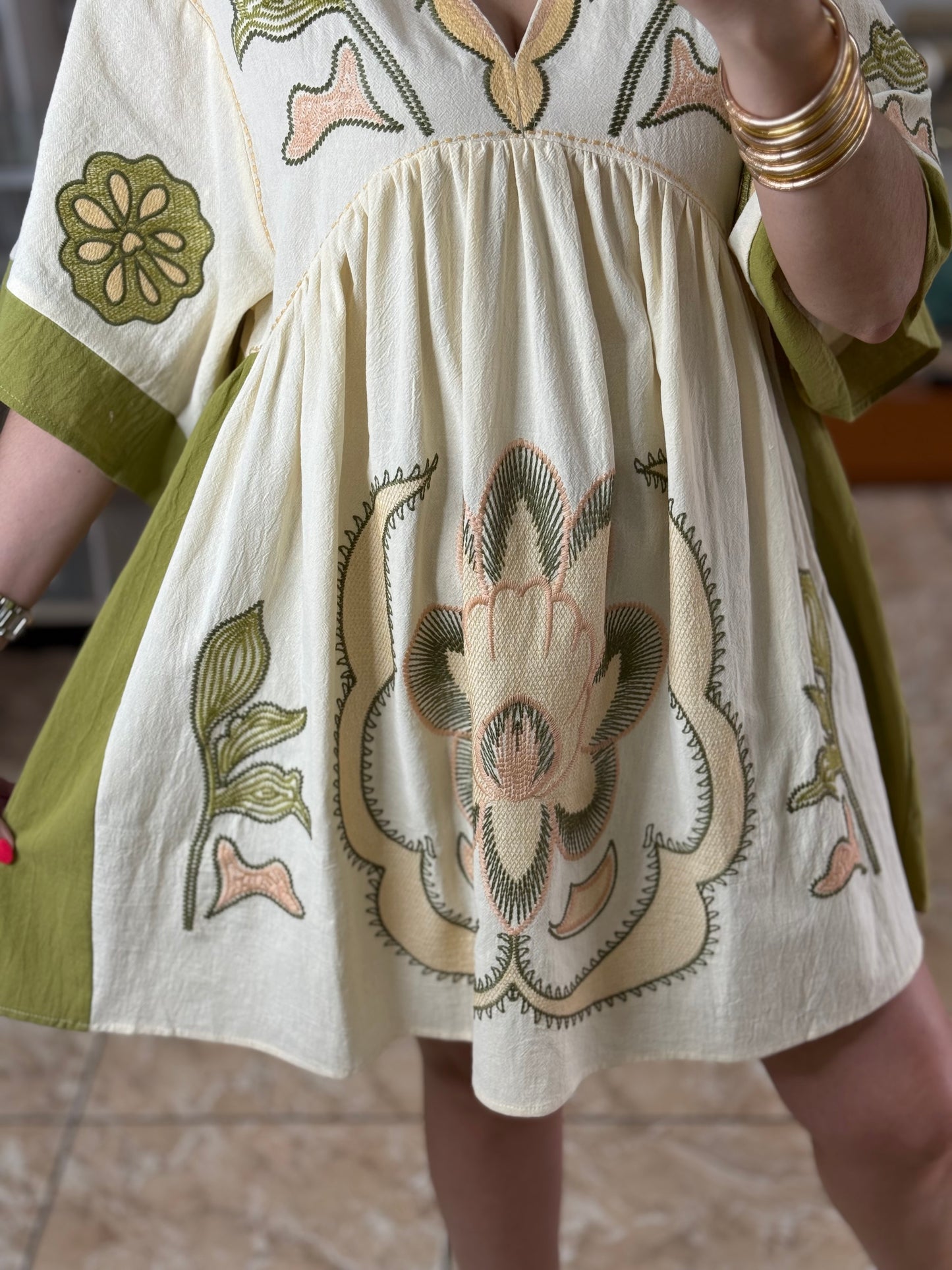 Embroidered Kaftan Mini Dress (Green)
