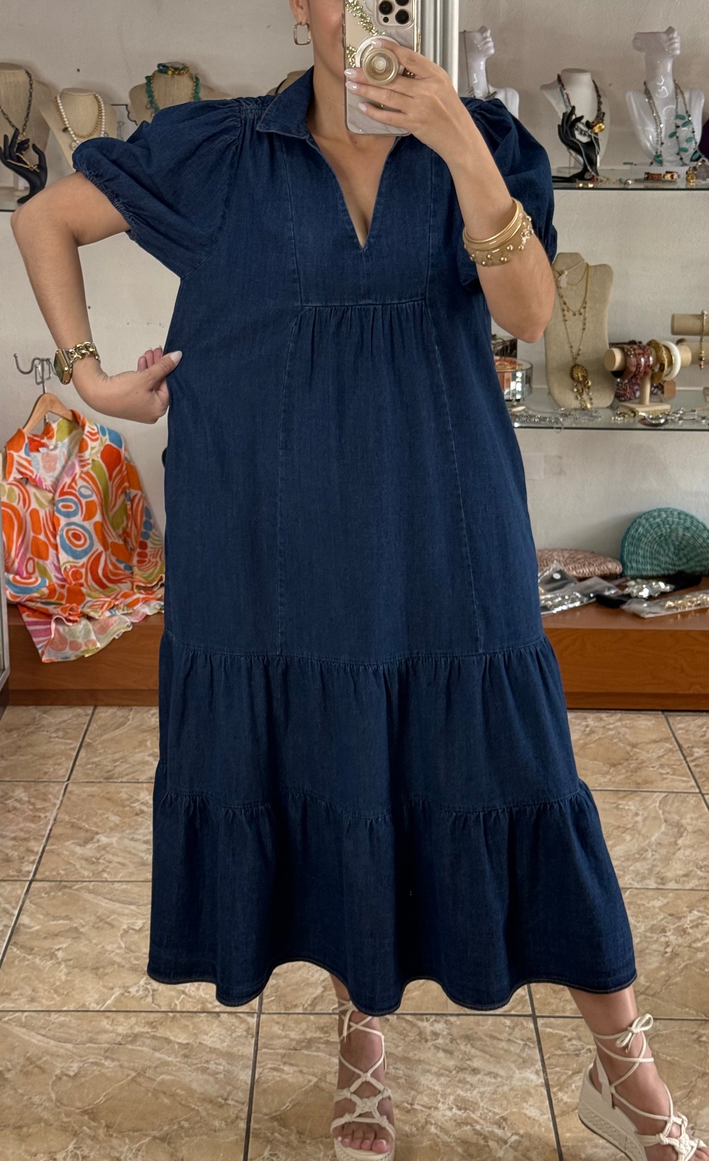 Dark Denim Tiered Midi Dress