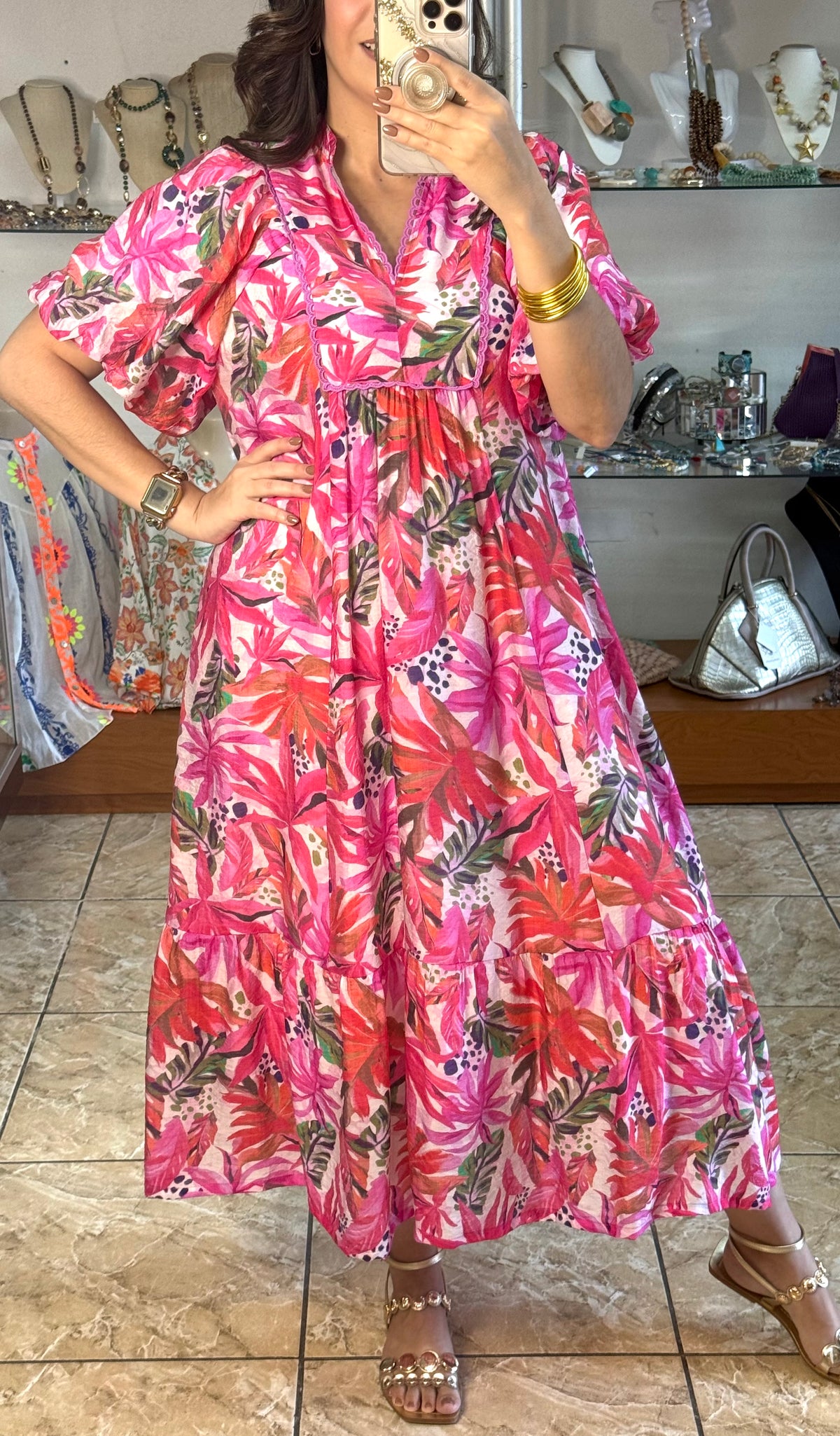 Hot Pink Tropical Midi Dress
