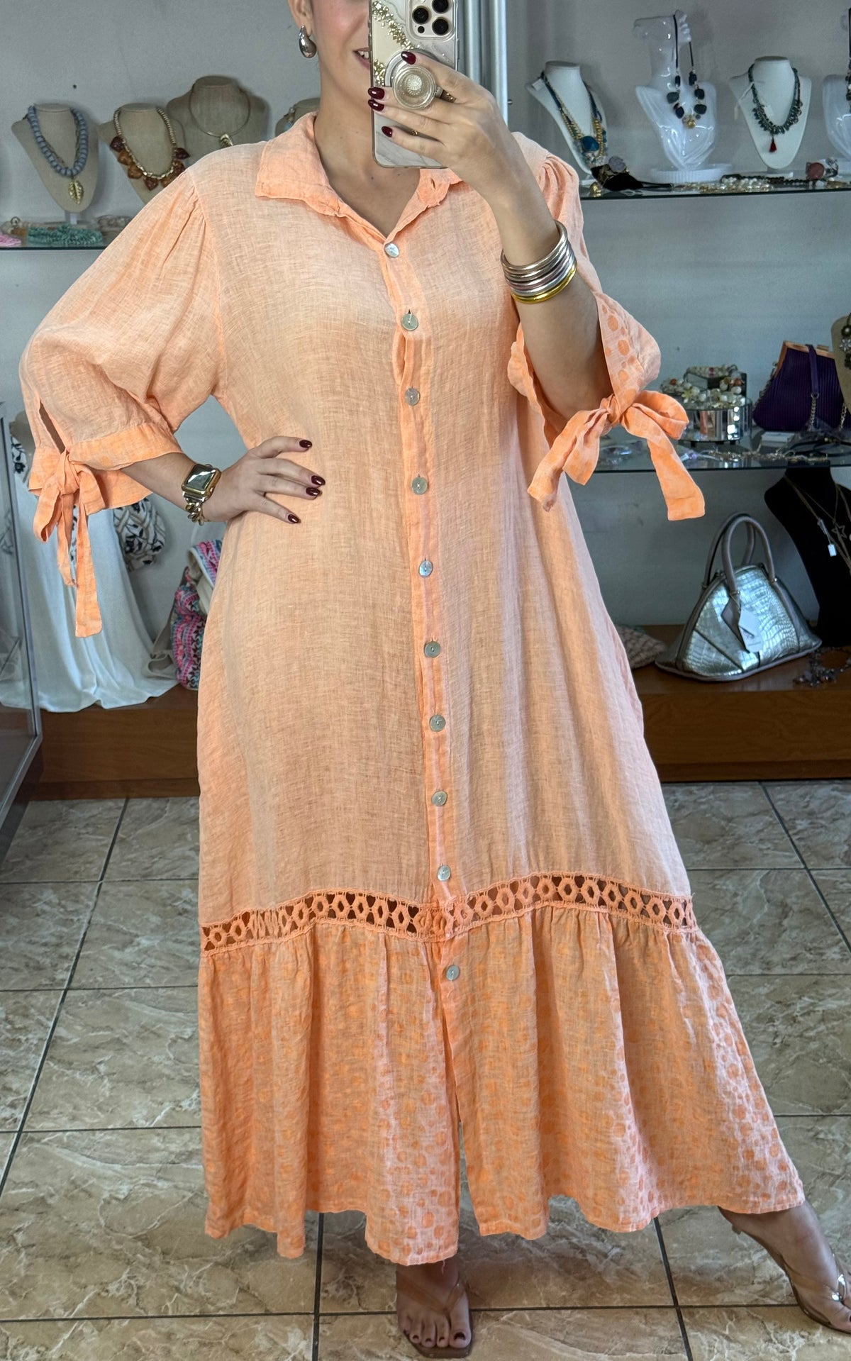 OS Linen/Polka Button Down Maxi Dress (NO RETURNS OR EXCHANGE)